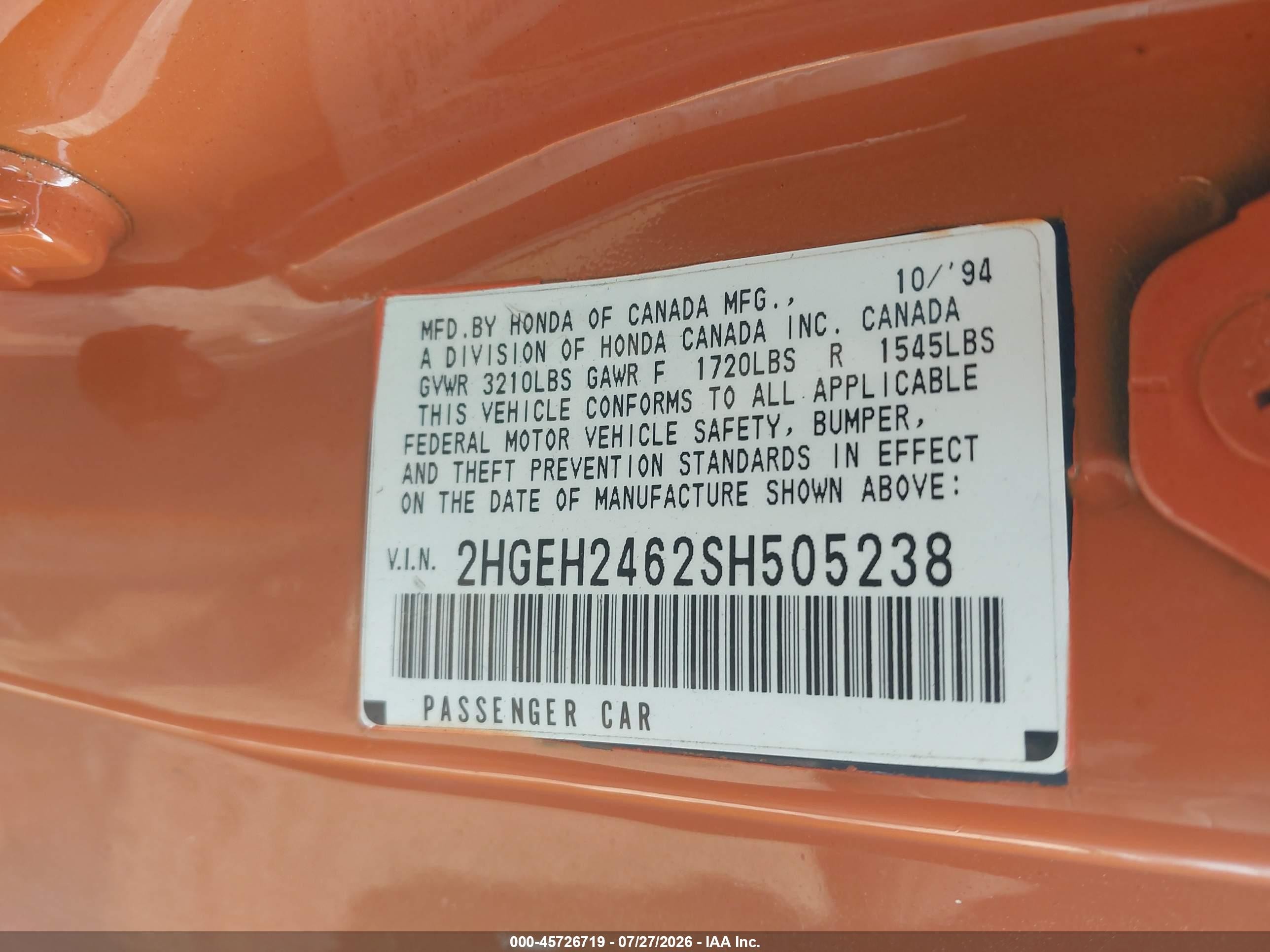 1995 Honda Civic Dx Orange vin: 2HGEH2462SH505238