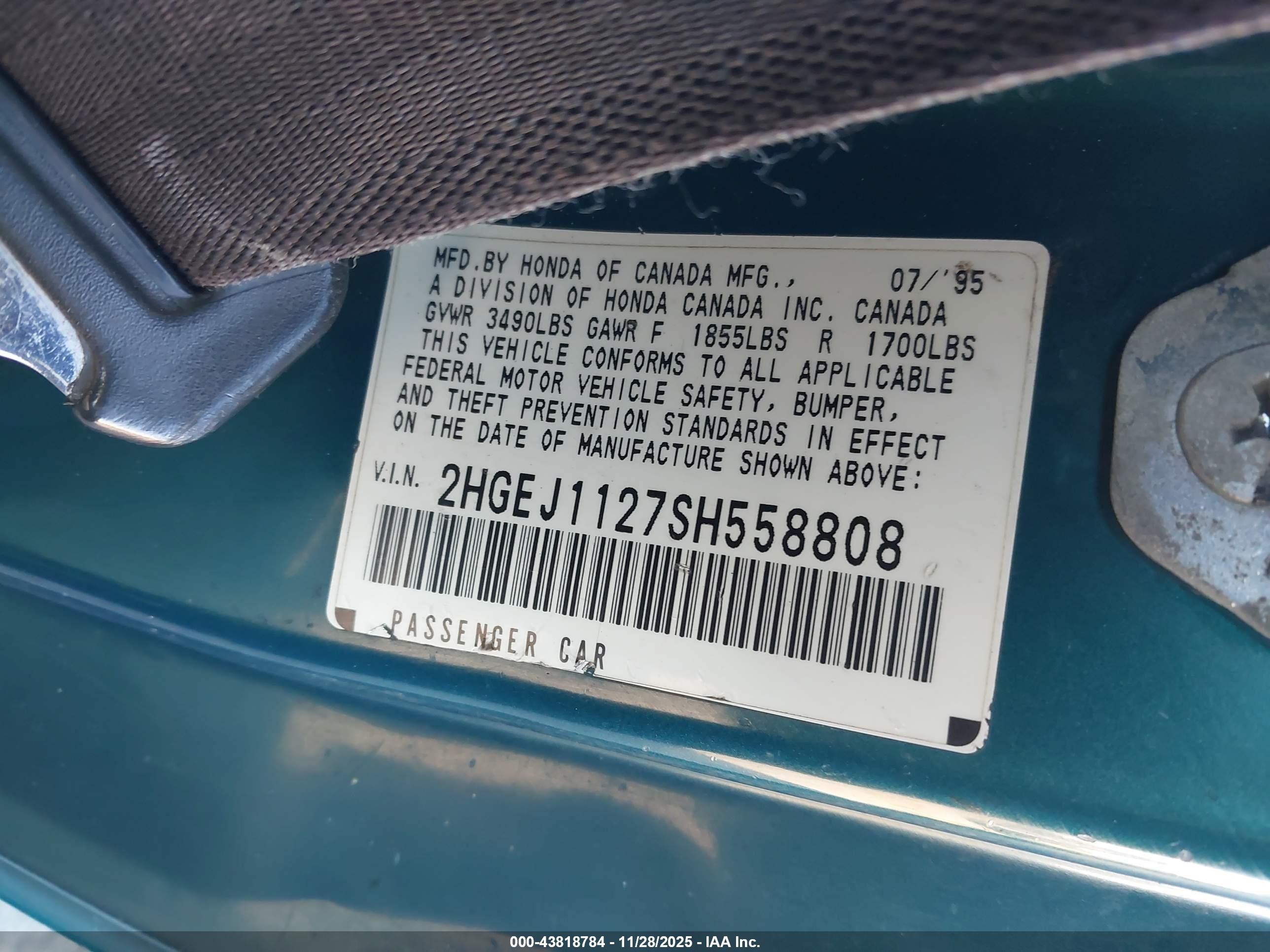 1995 Honda Civic Ex Teal vin: 2HGEJ1127SH558808