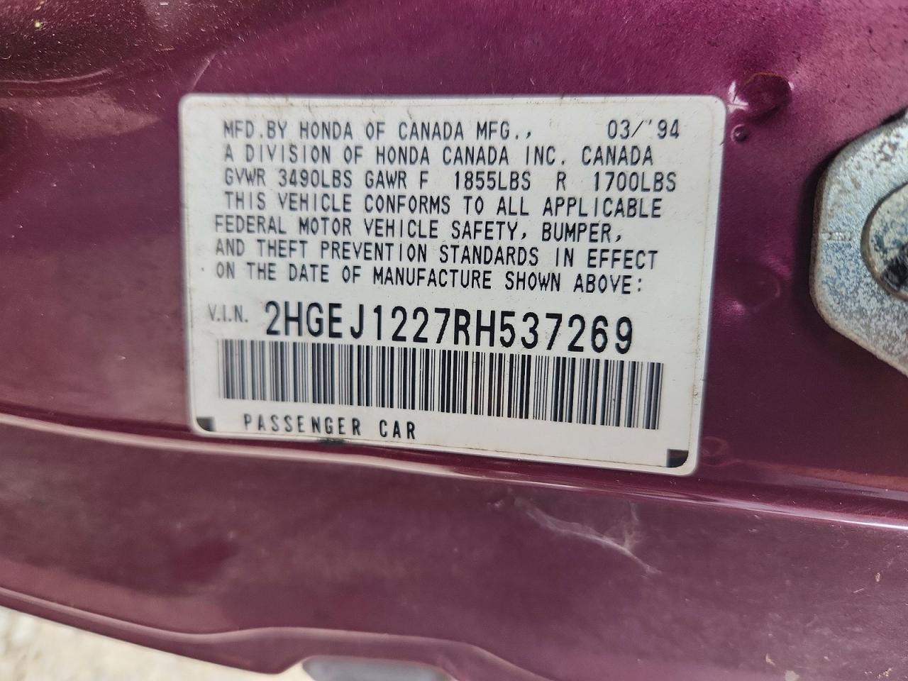1994 Honda Civic Ex Purple vin: 2HGEJ1227RH537269