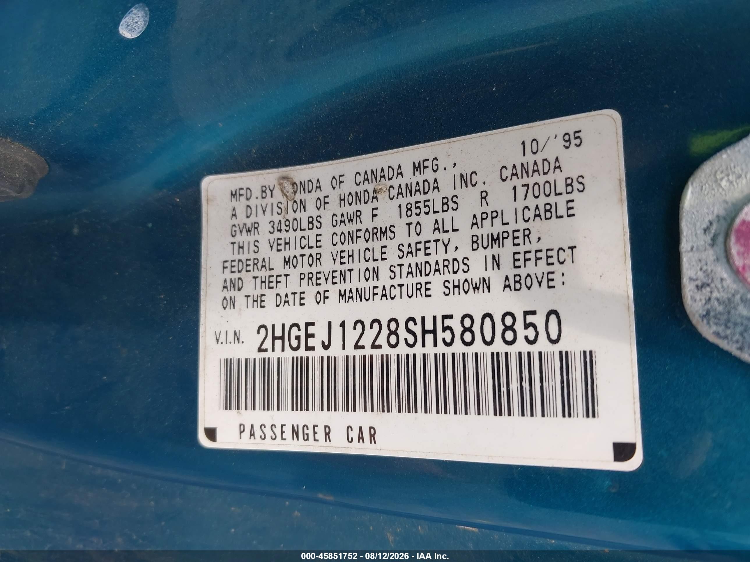 1995 Honda Civic Ex Green vin: 2HGEJ1228SH580850