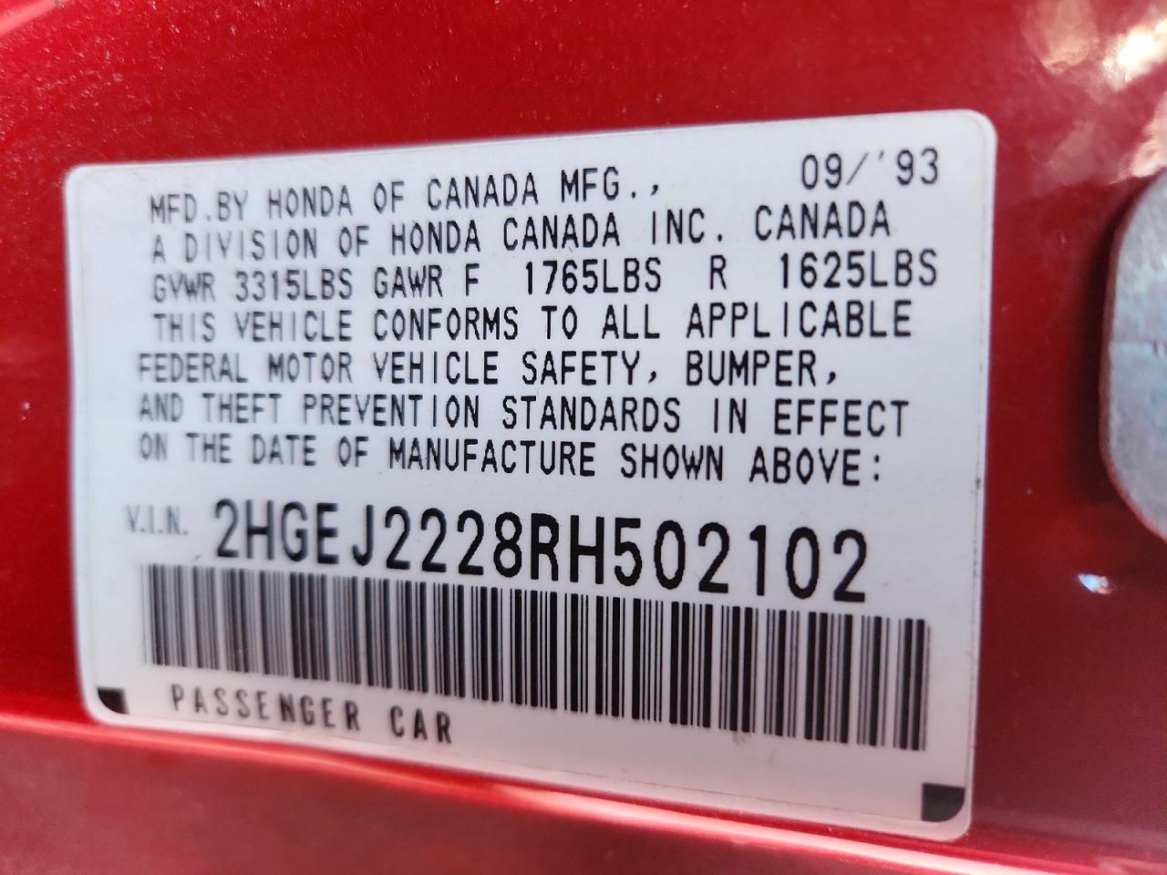 1994 Honda Civic Dx Red vin: 2HGEJ2228RH502102