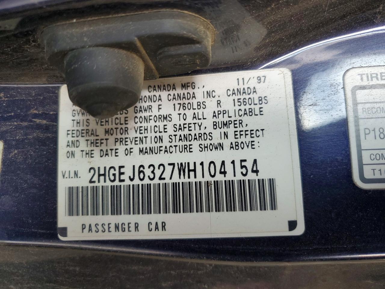 1998 Honda Civic Cx Blue vin: 2HGEJ6327WH104154