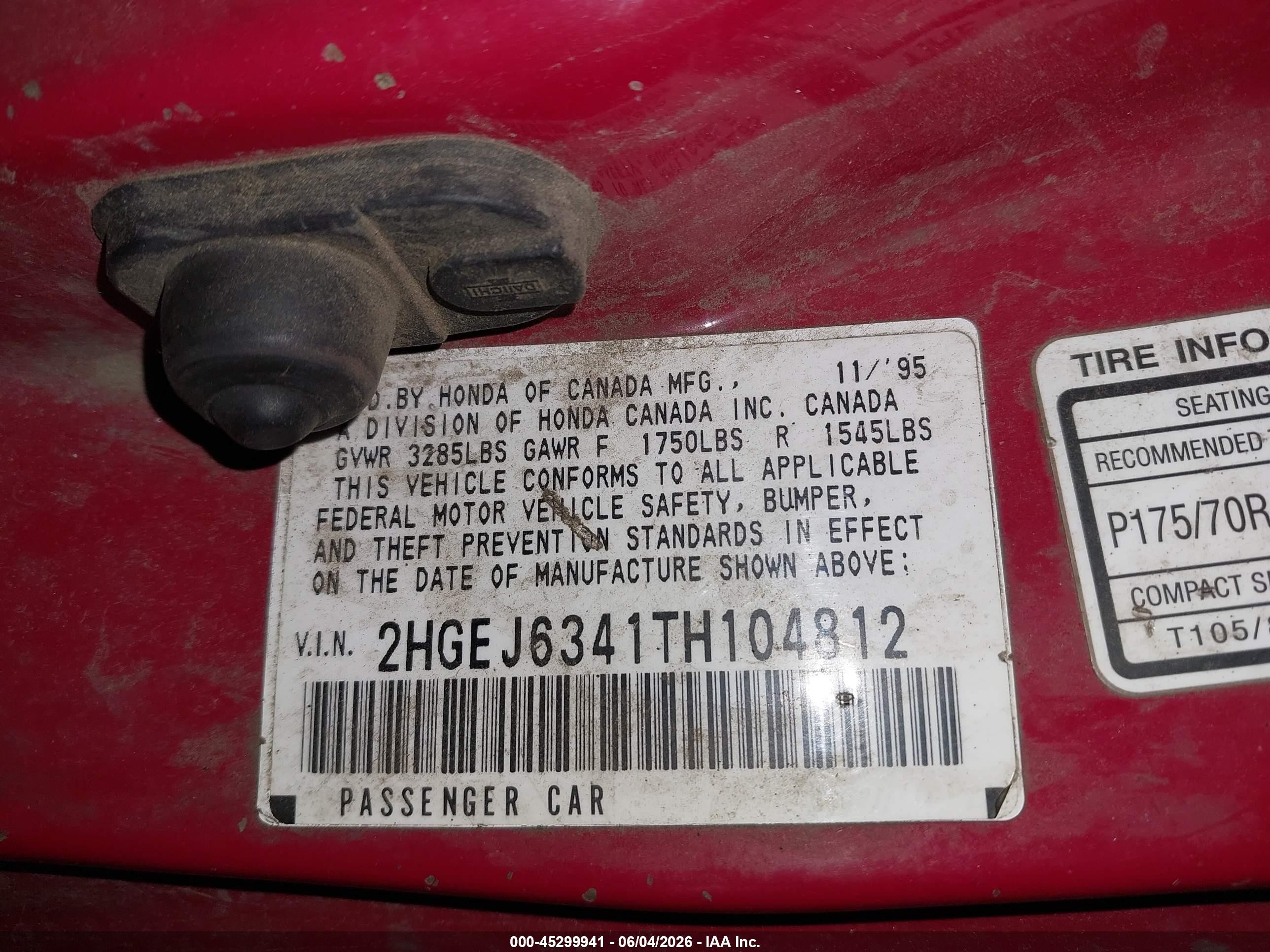 1996 Honda Civic Dx Красный vin: 2HGEJ6341TH104812