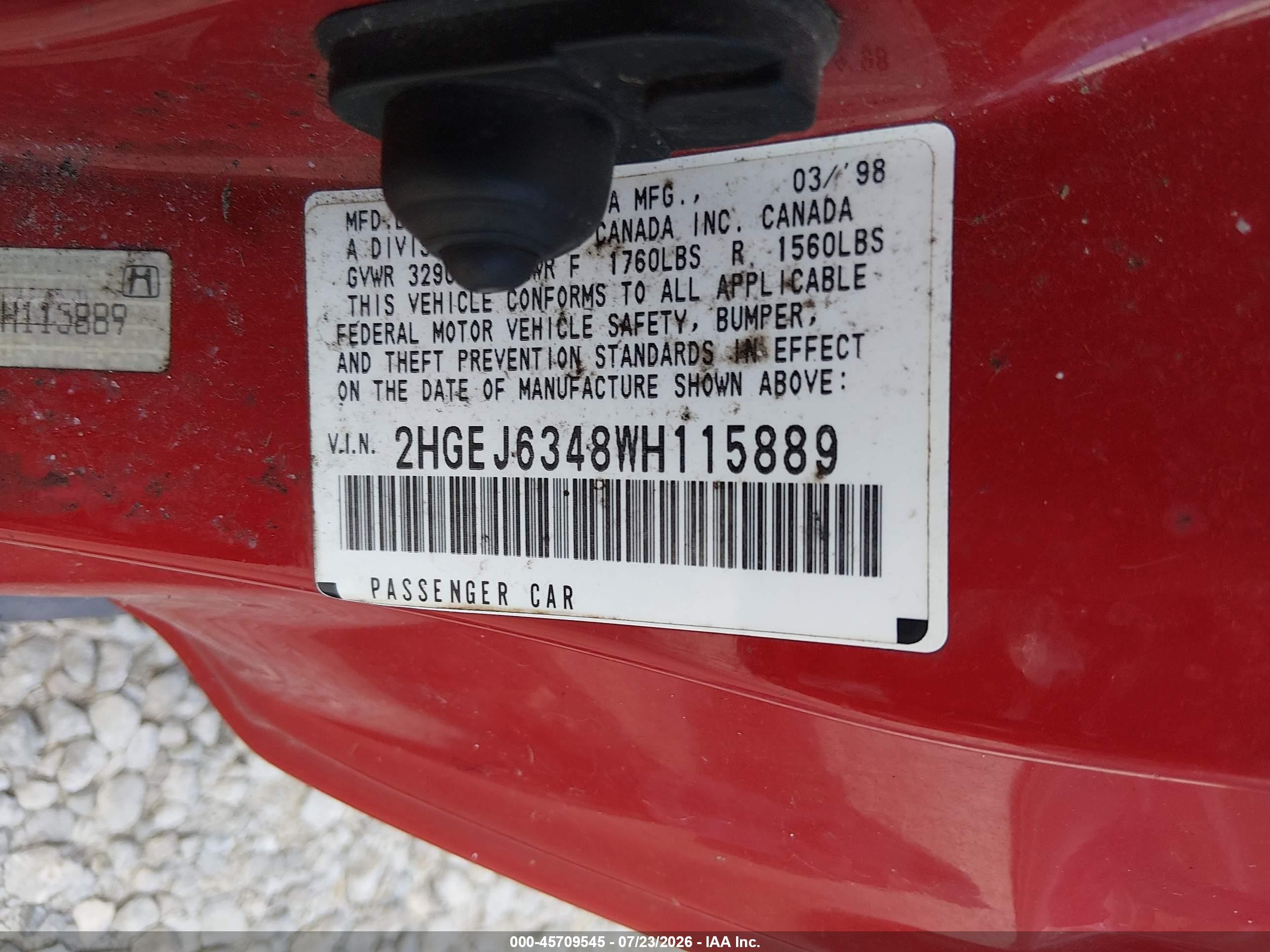 1998 Honda Civic Dx Red vin: 2HGEJ6348WH115889