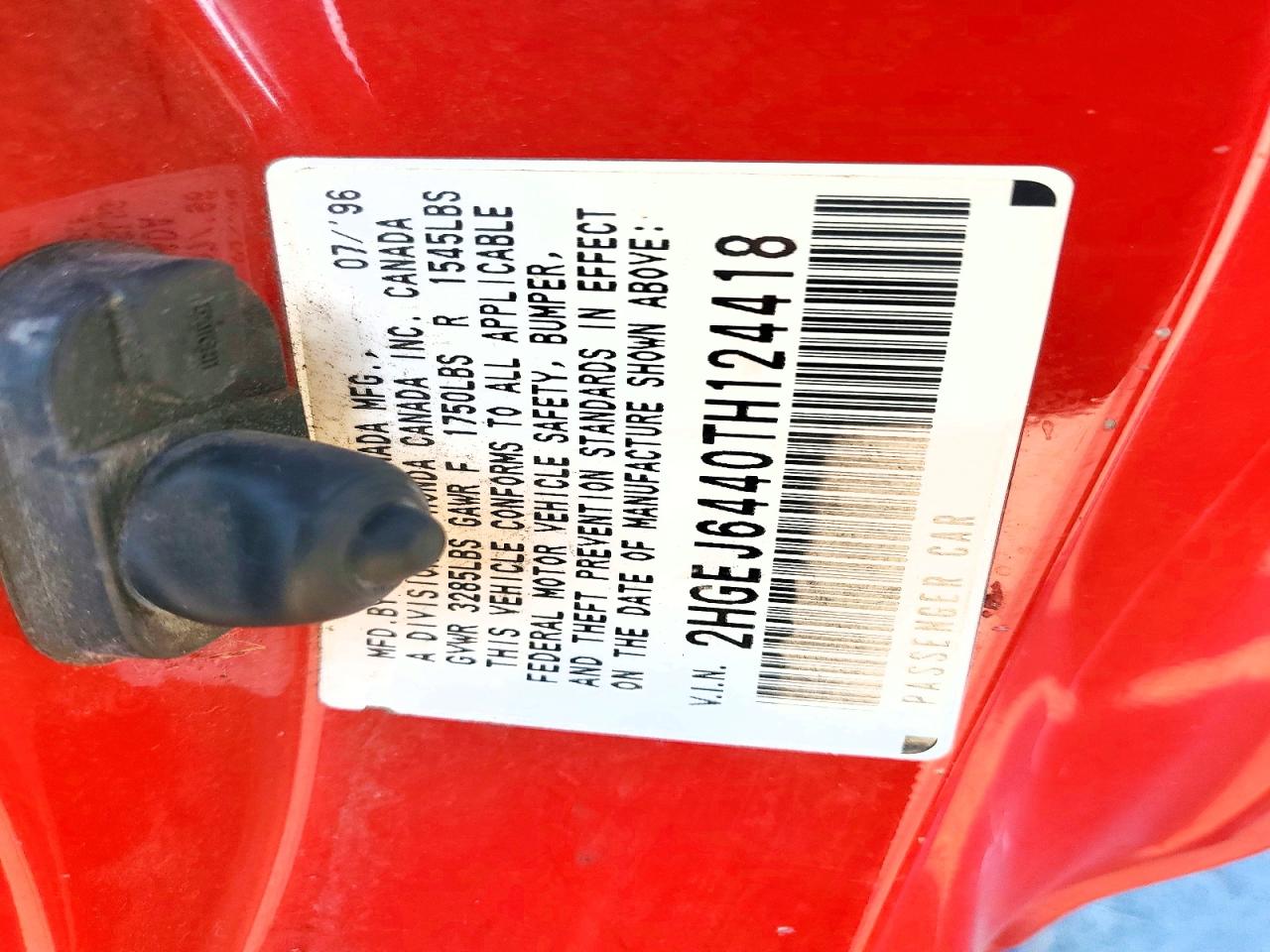 1996 Honda Civic Dx Red vin: 2HGEJ6440TH124418