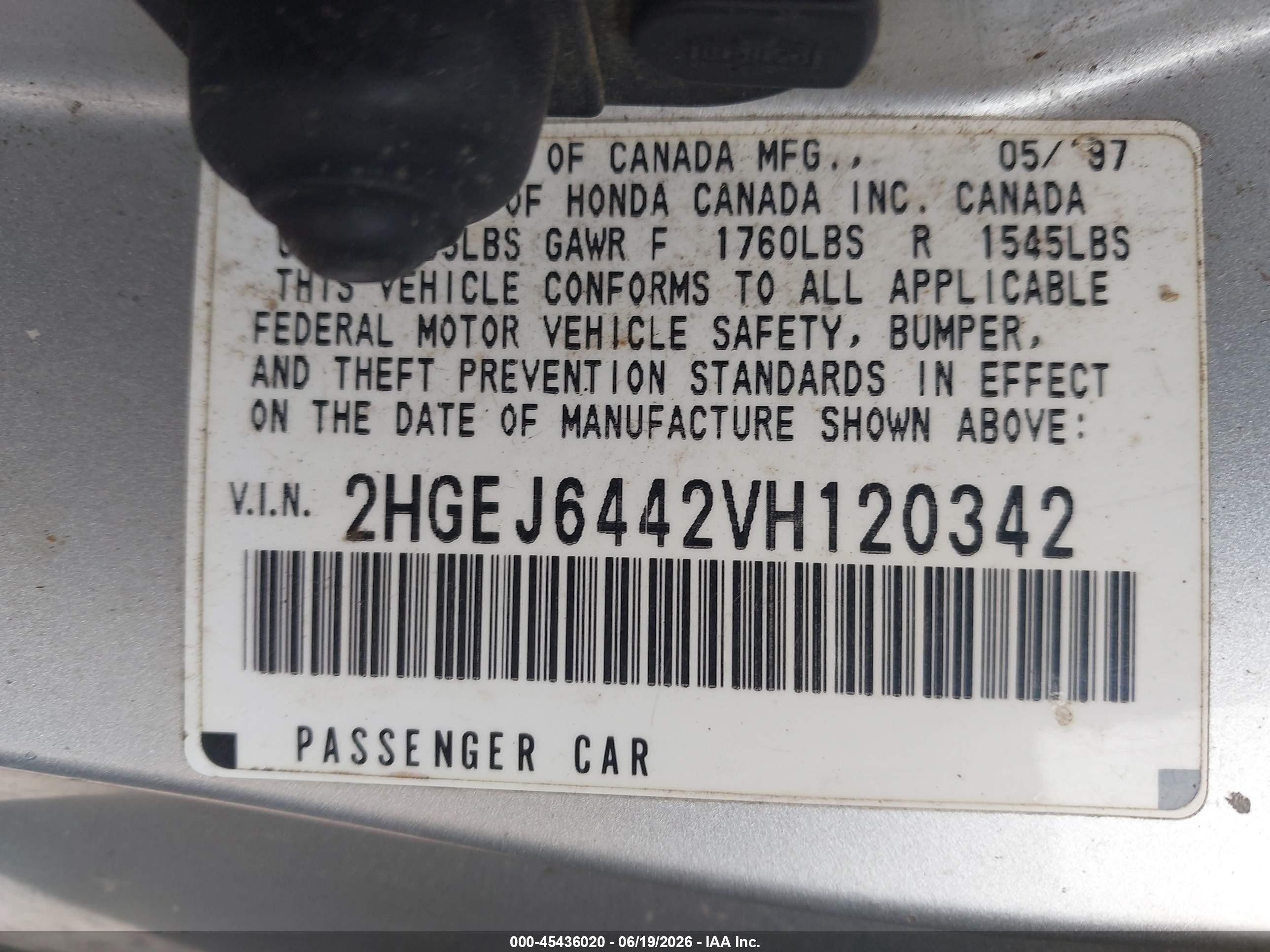 1997 Honda Civic Dx Silver vin: 2HGEJ6442VH120342