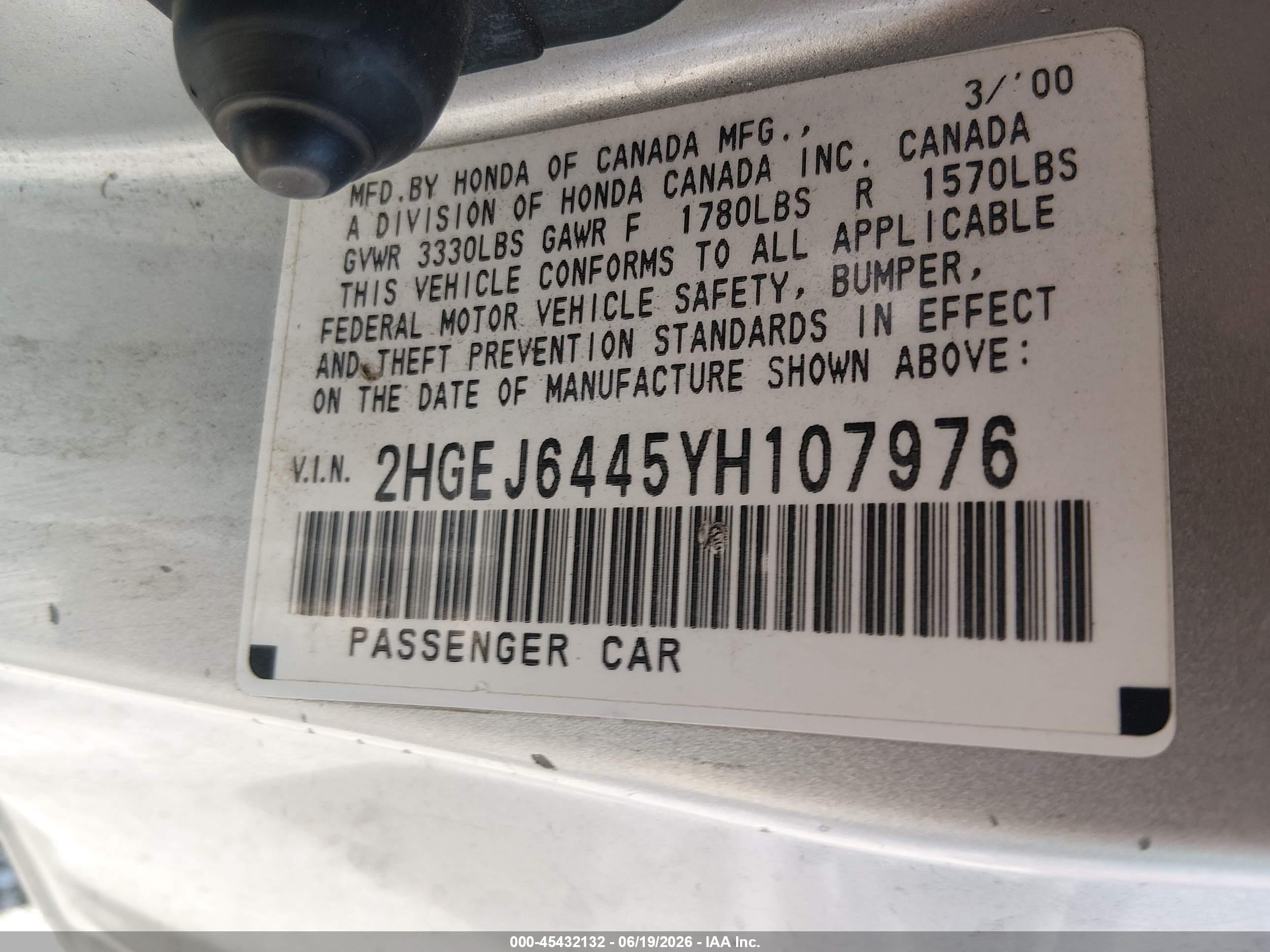 2000 Honda Civic Dx Silver vin: 2HGEJ6445YH107976