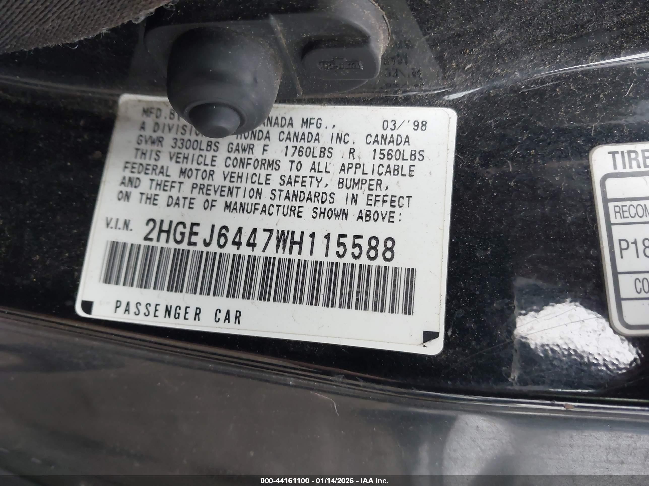 1998 Honda Civic Dx Black vin: 2HGEJ6447WH115588