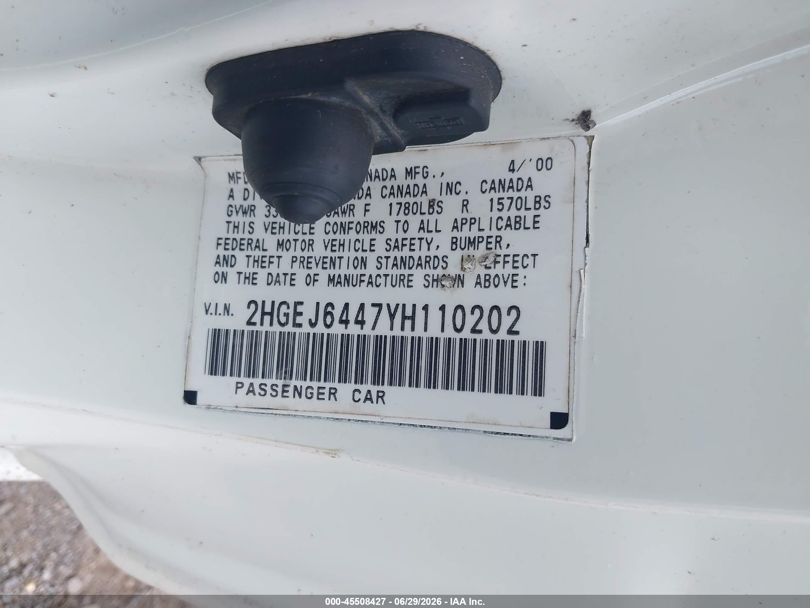 2000 Honda Civic Dx White vin: 2HGEJ6447YH110202