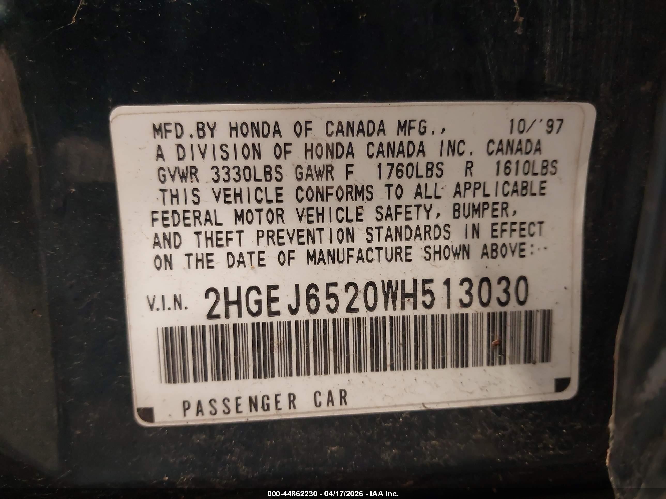 1998 Honda Civic Dx Green vin: 2HGEJ6520WH513030