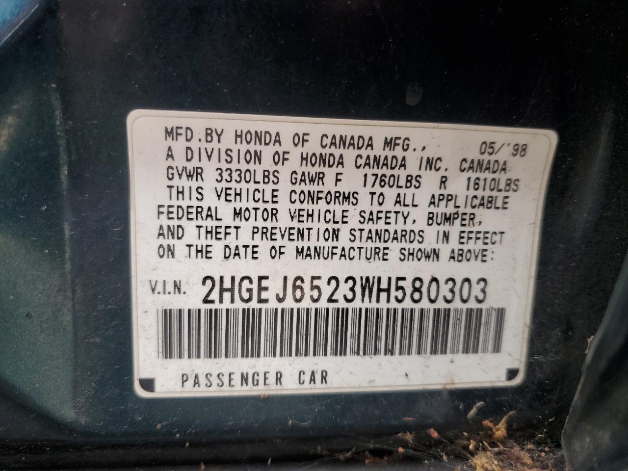 1998 Honda Civic Dx Green vin: 2HGEJ6523WH580303