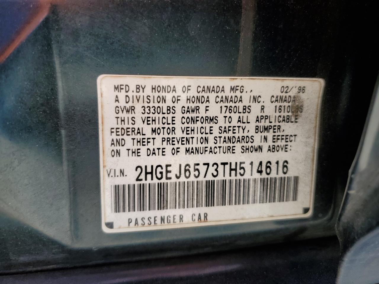 1996 Honda Civic Lx Green vin: 2HGEJ6573TH514616