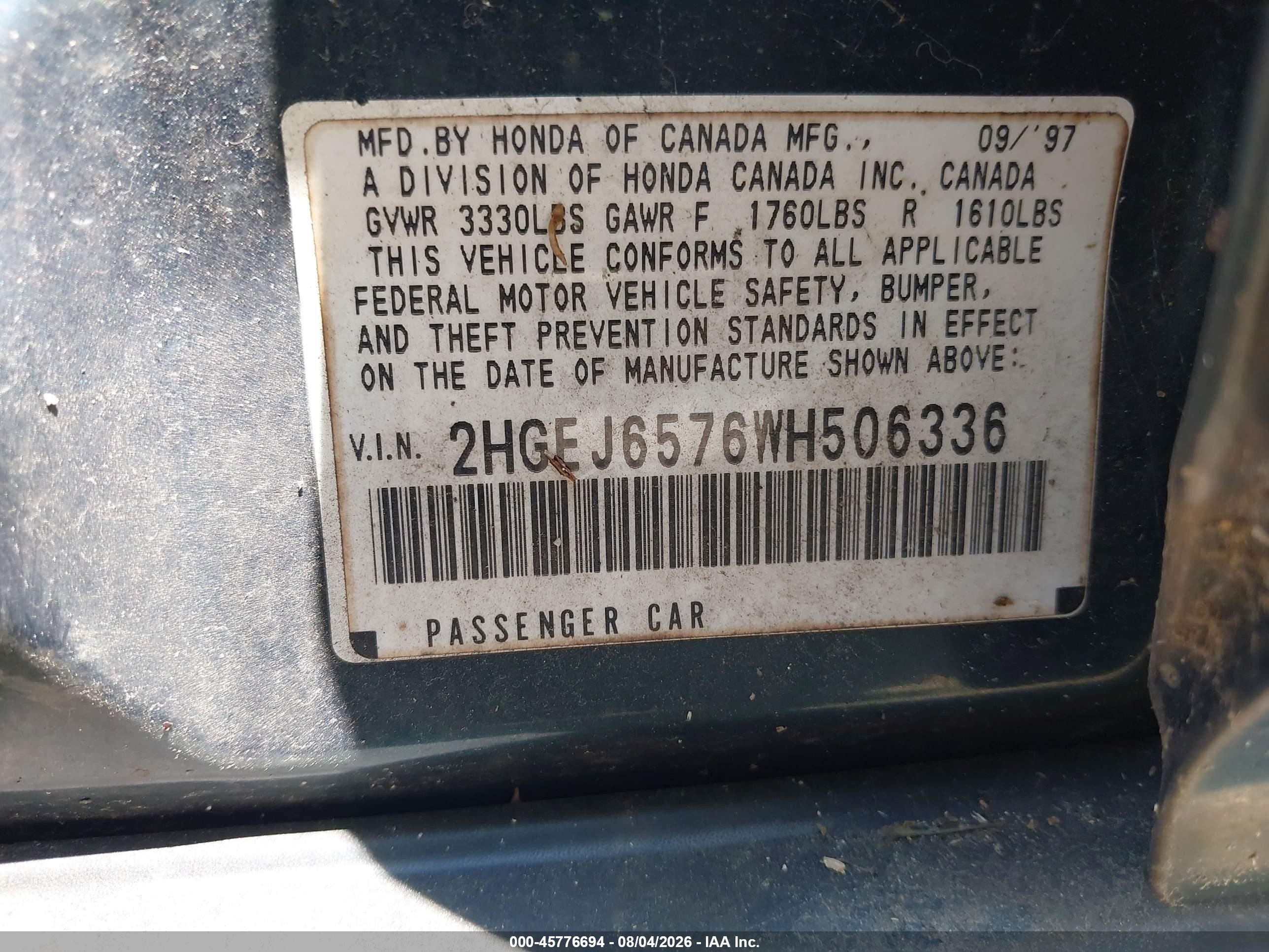 1998 Honda Civic Lx Green vin: 2HGEJ6576WH506336