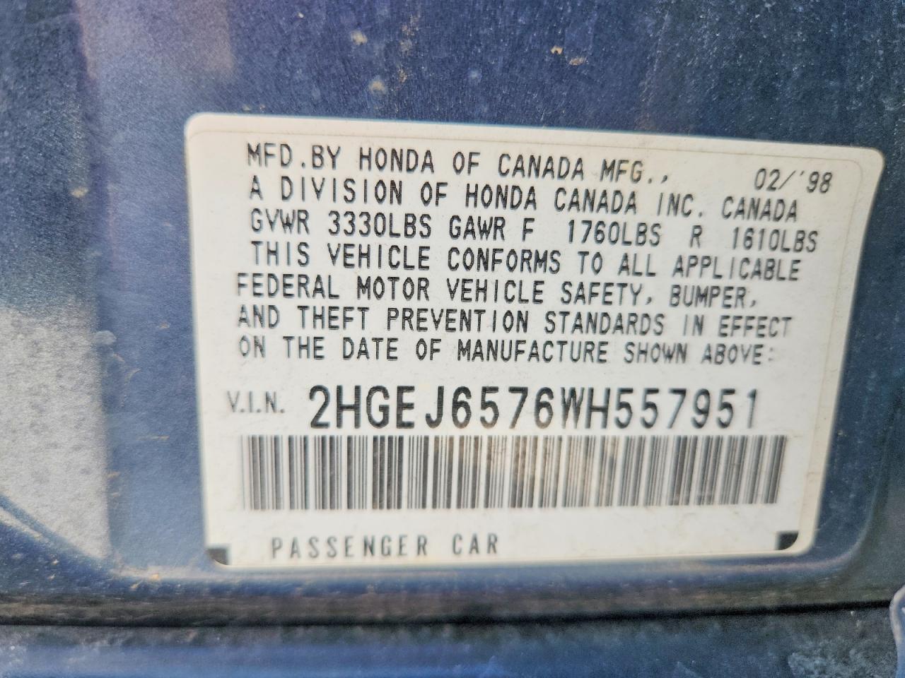 1998 Honda Civic Lx Blue vin: 2HGEJ6576WH557951