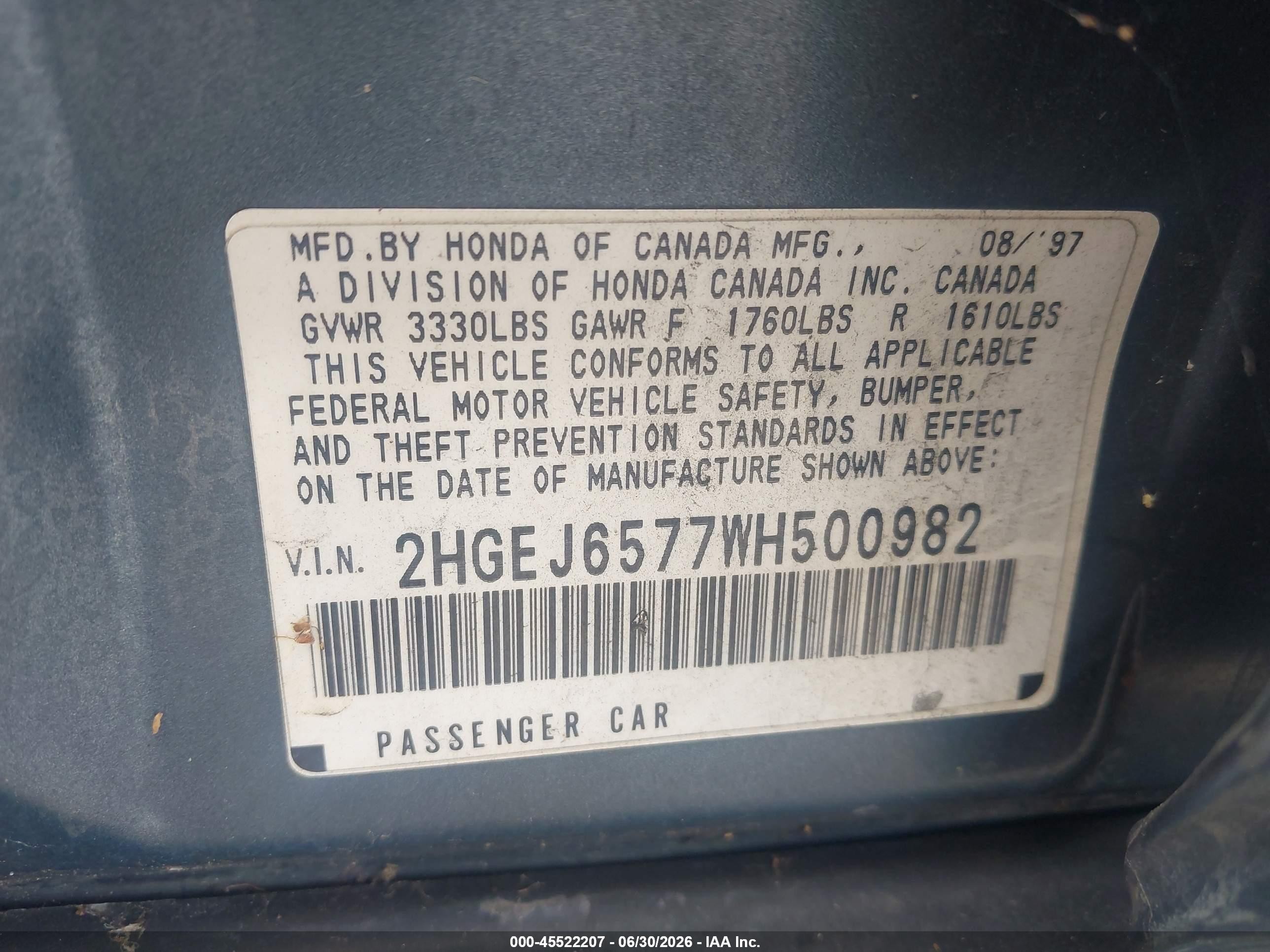 1998 Honda Civic Lx Blue vin: 2HGEJ6577WH500982