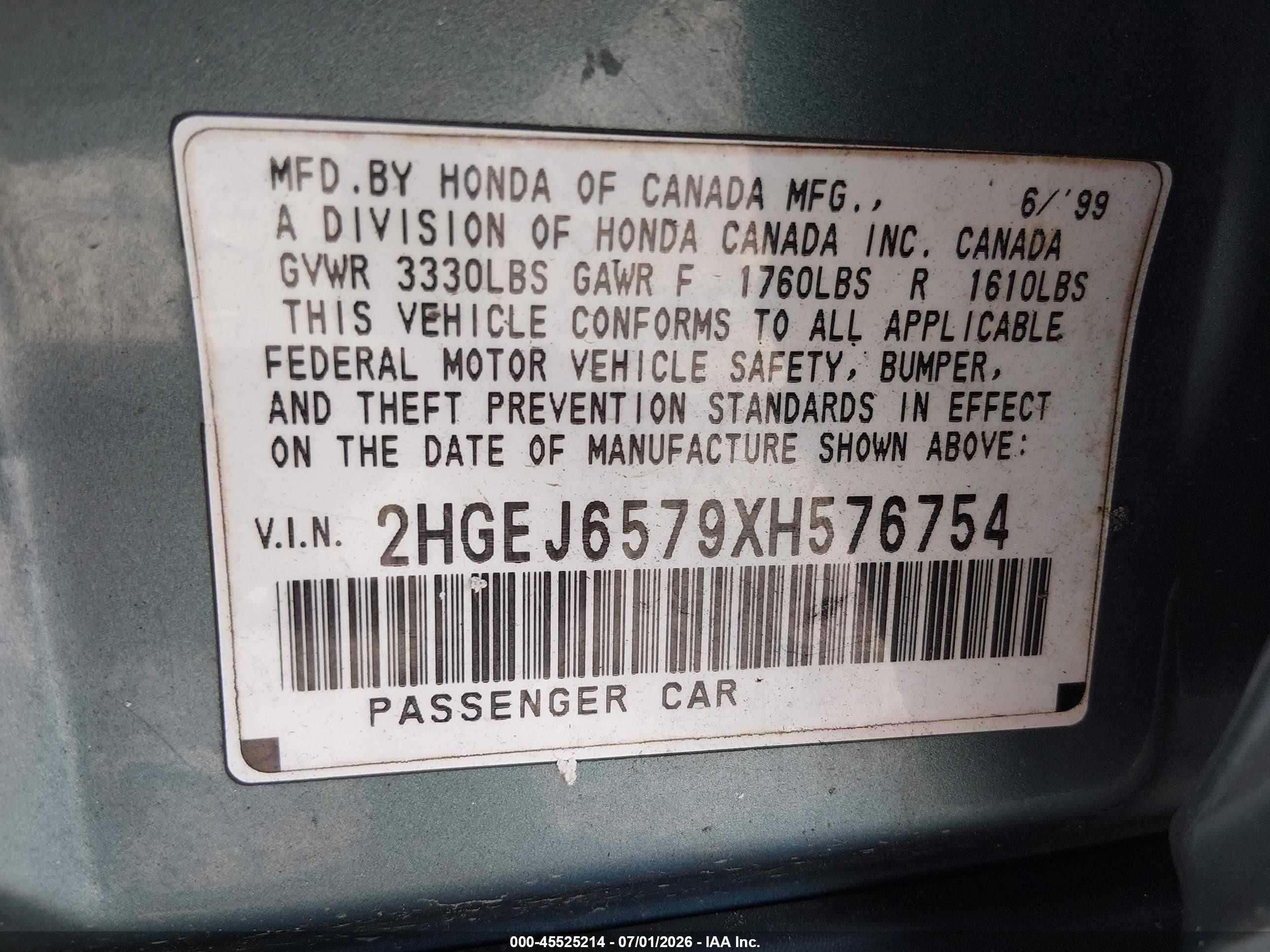 1999 Honda Civic Lx Blue vin: 2HGEJ6579XH576754