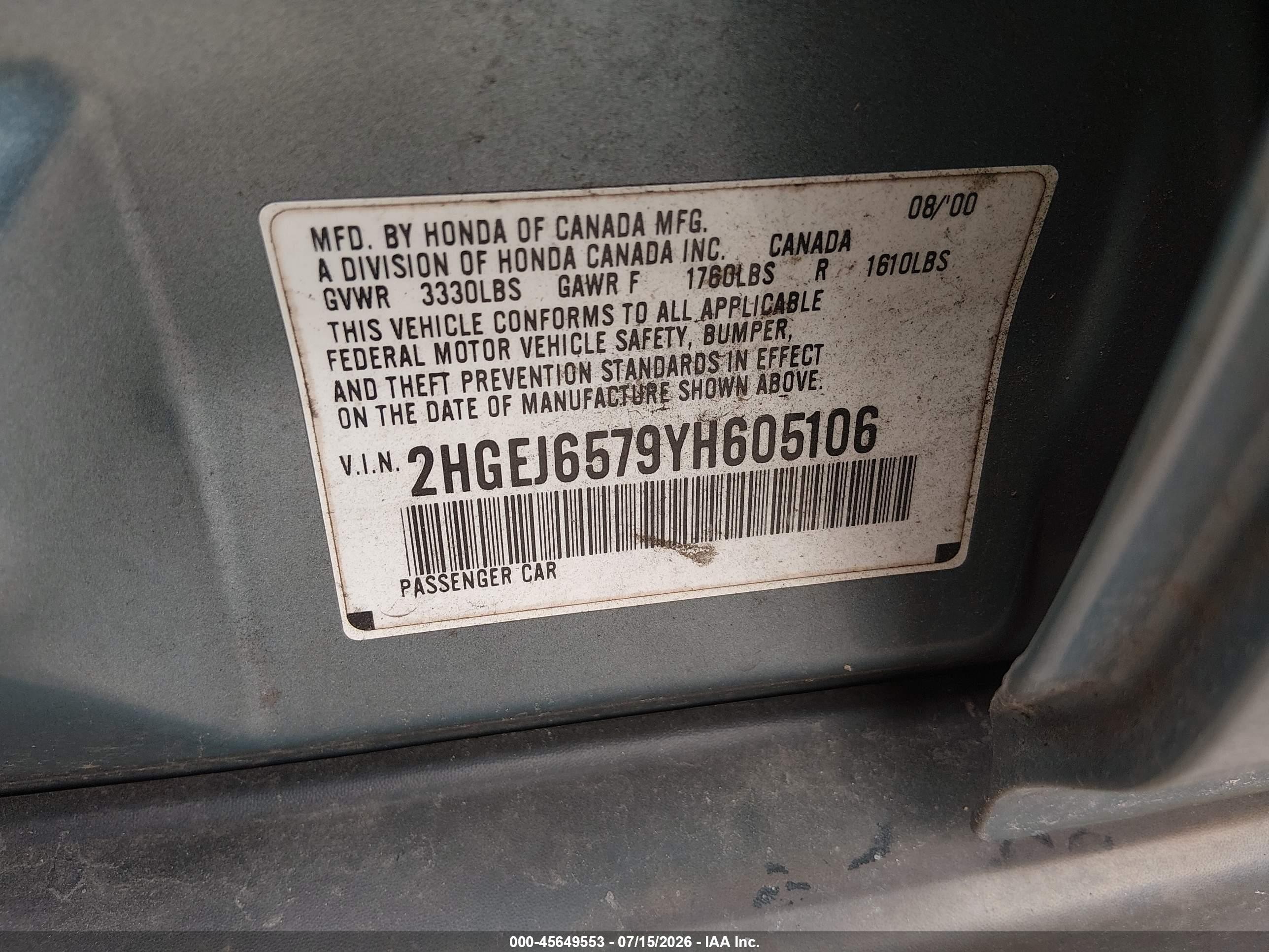 2000 Honda Civic Lx Синий vin: 2HGEJ6579YH605106