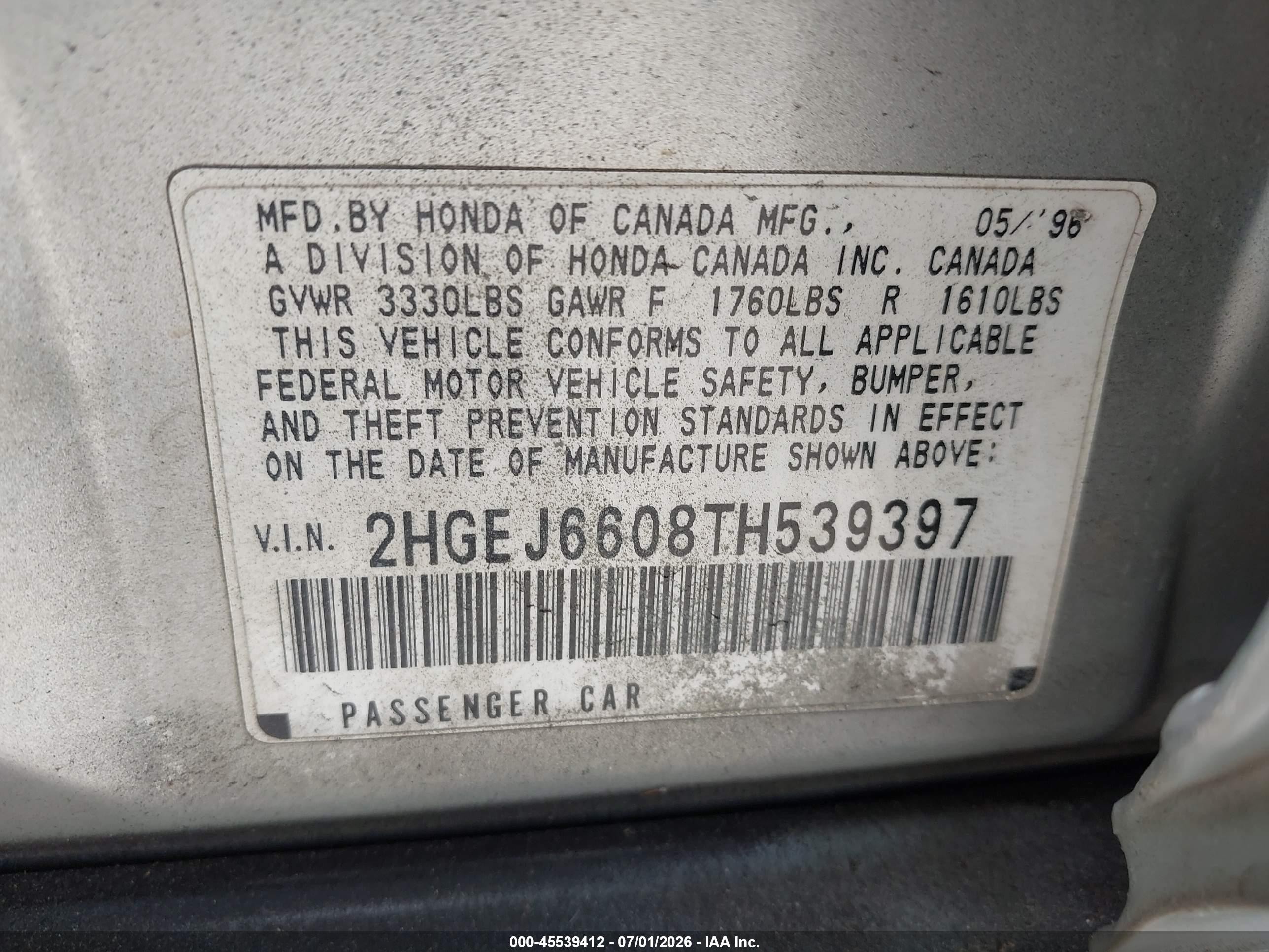 1996 Honda Civic Lx/ex Gray vin: 2HGEJ6608TH539397