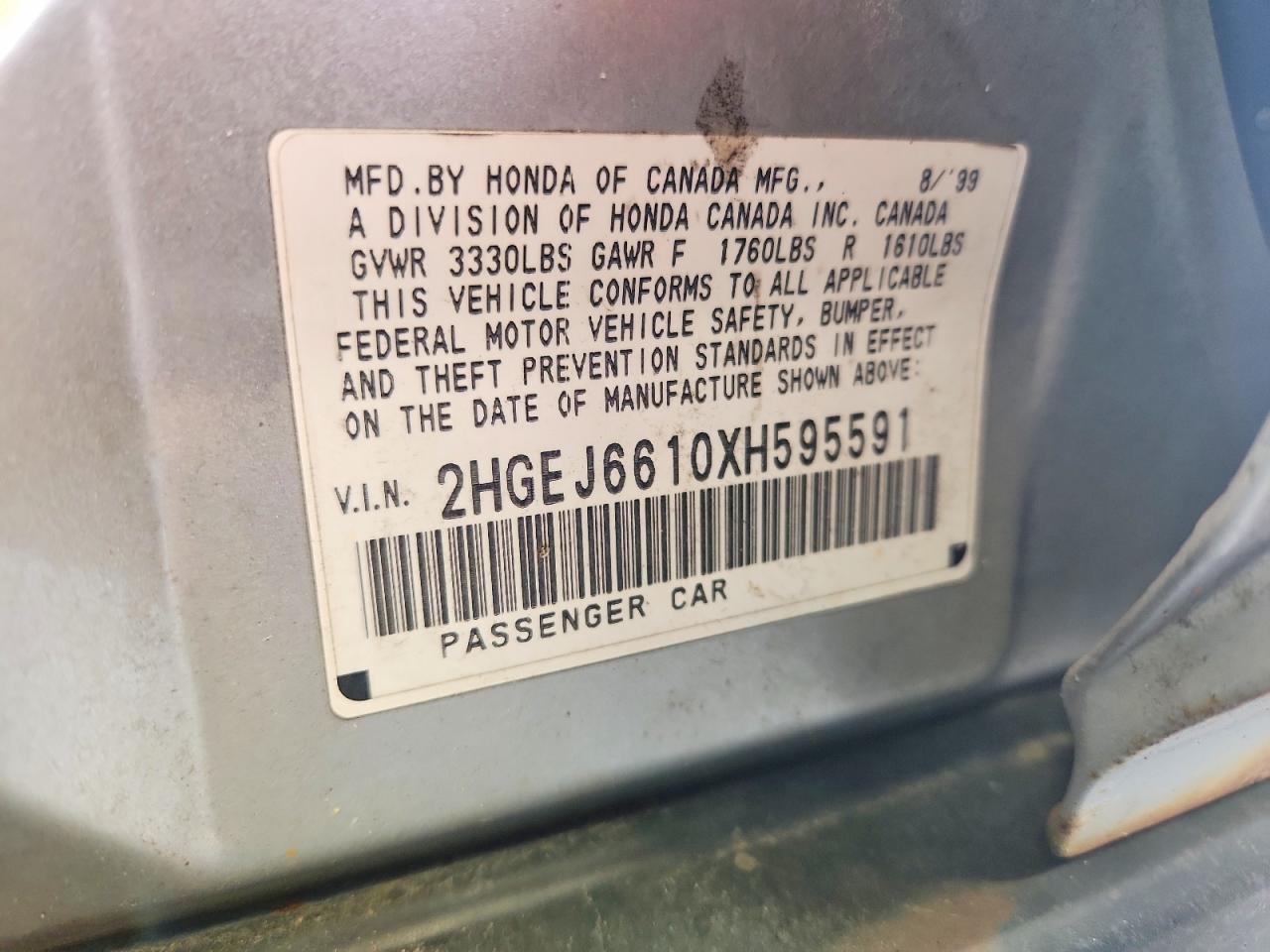 1999 Honda Civic Base Серебряный vin: 2HGEJ6610XH595591