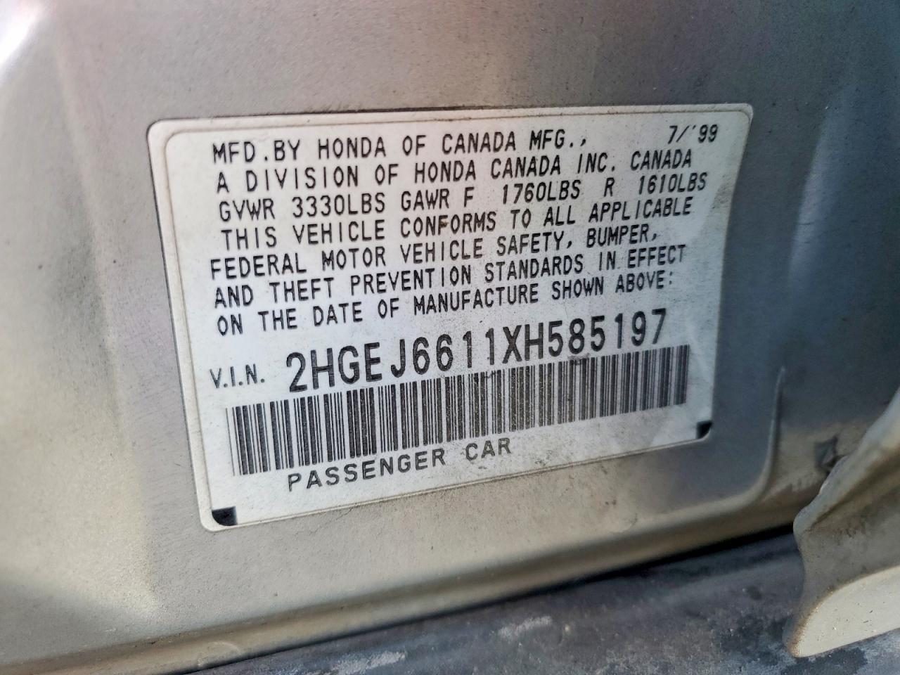 1999 Honda Civic Base Silver vin: 2HGEJ6611XH585197