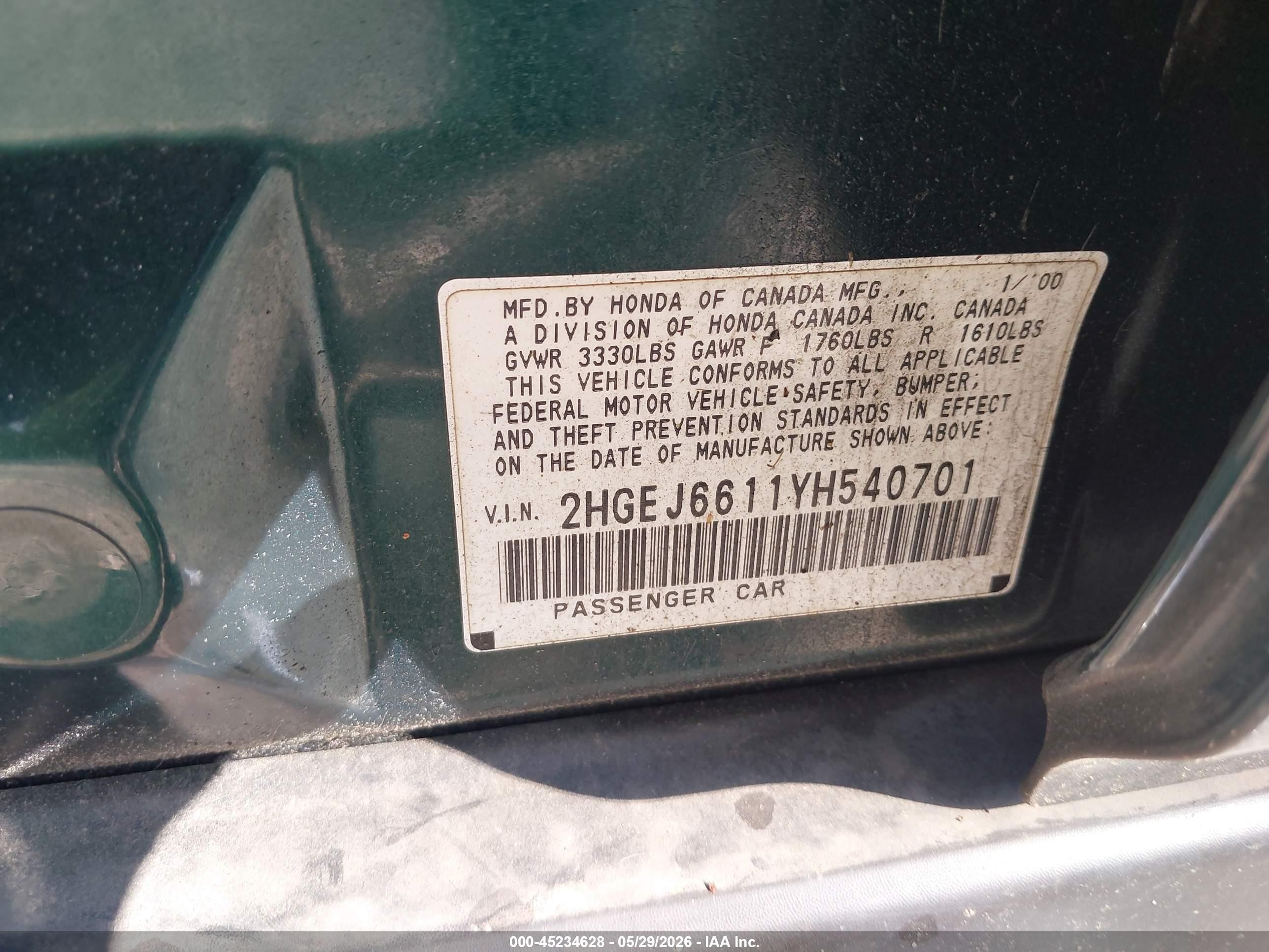 2000 Honda Civic Value Package Green vin: 2HGEJ6611YH540701