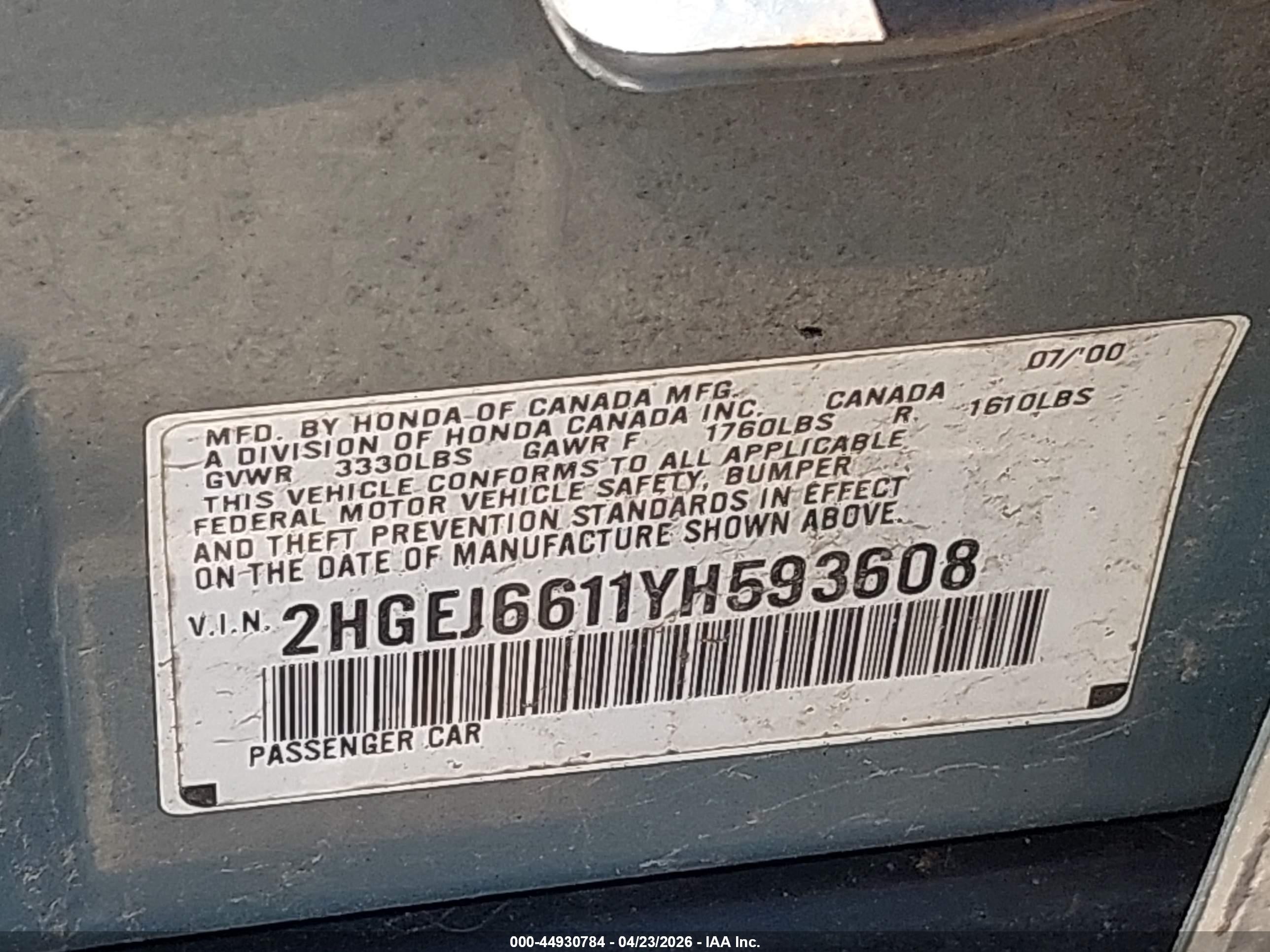 2000 Honda Civic Value Package Blue vin: 2HGEJ6611YH593608