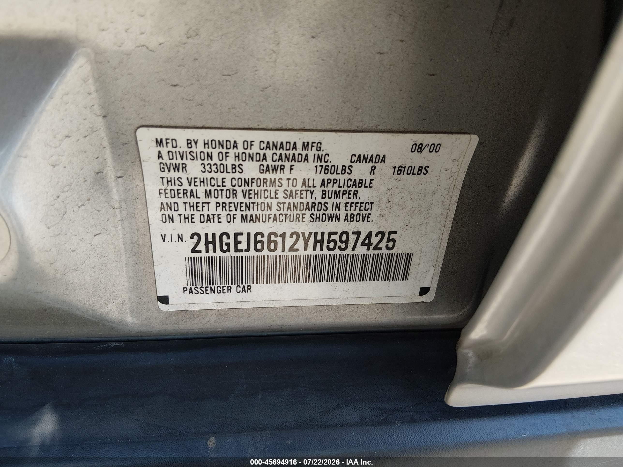2000 Honda Civic Value Package Серебряный vin: 2HGEJ6612YH597425