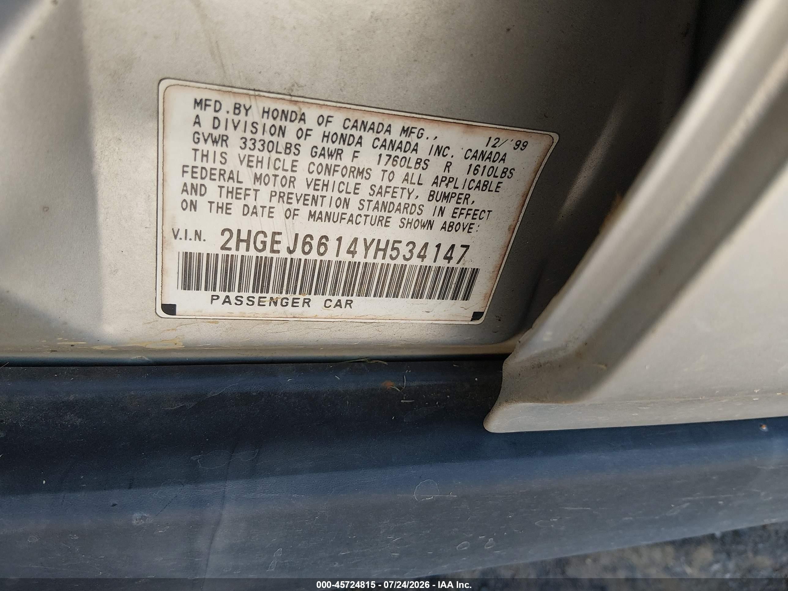 2000 Honda Civic Value Package Silver vin: 2HGEJ6614YH534147