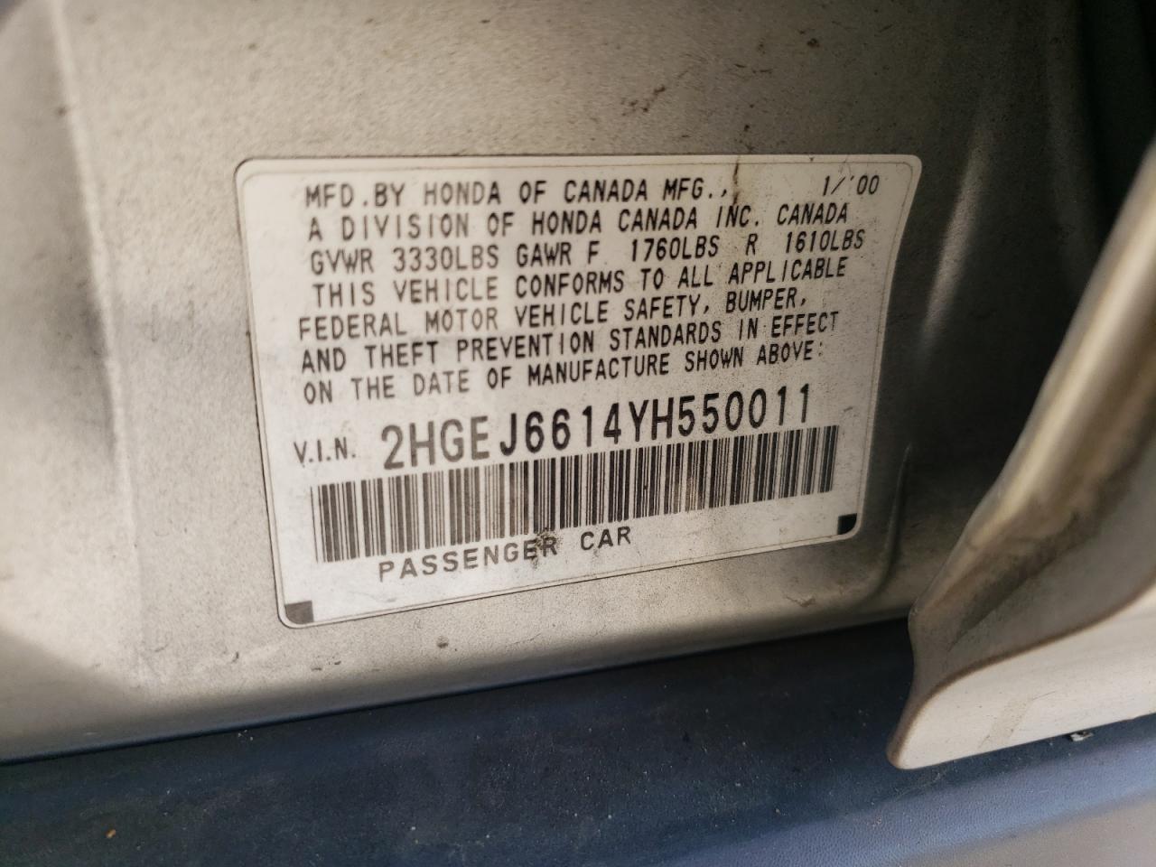 2000 Honda Civic Base Серебряный vin: 2HGEJ6614YH550011