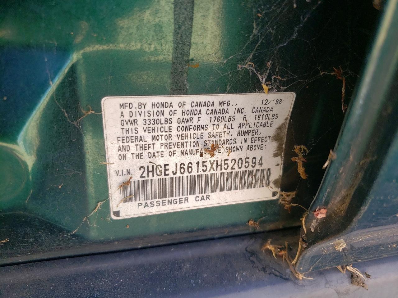 1999 Honda Civic Base Green vin: 2HGEJ6615XH520594