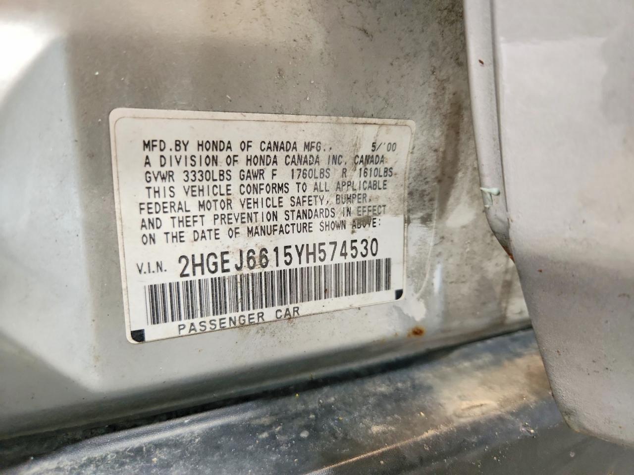 2000 Honda Civic Base Silver vin: 2HGEJ6615YH574530