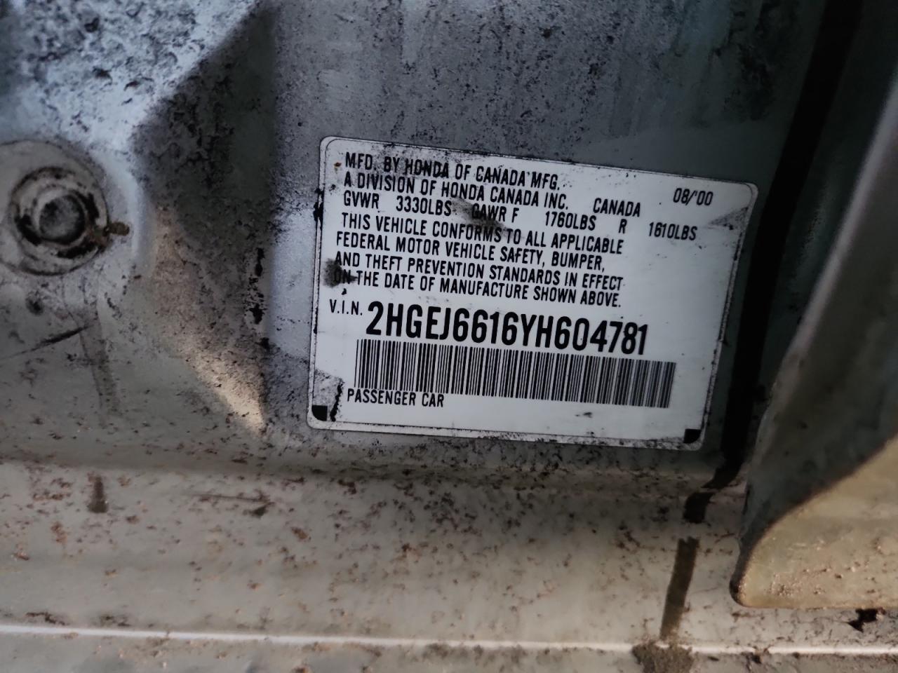 2000 Honda Civic Base Серебряный vin: 2HGEJ6616YH604781