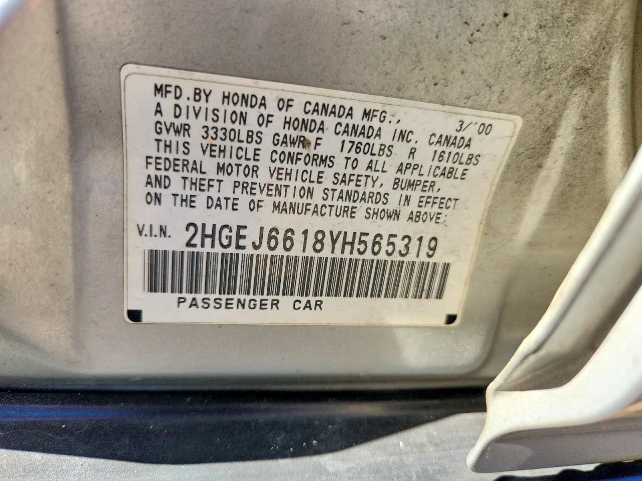 2000 Honda Civic Base Silver vin: 2HGEJ6618YH565319
