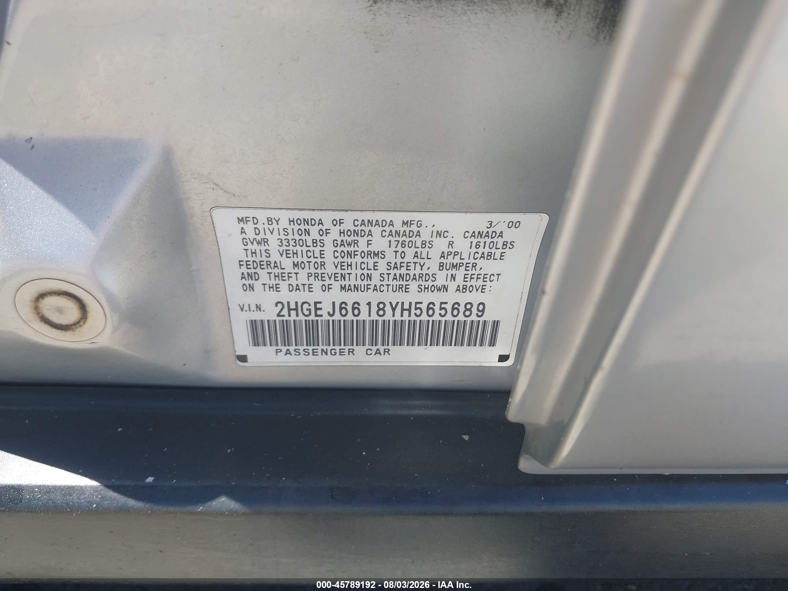 2000 Honda Civic Value Package Серебряный vin: 2HGEJ6618YH565689