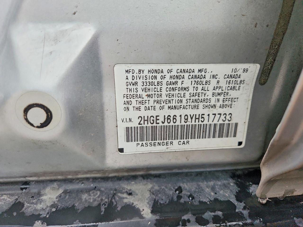 2000 Honda Civic Base Silver vin: 2HGEJ6619YH517733