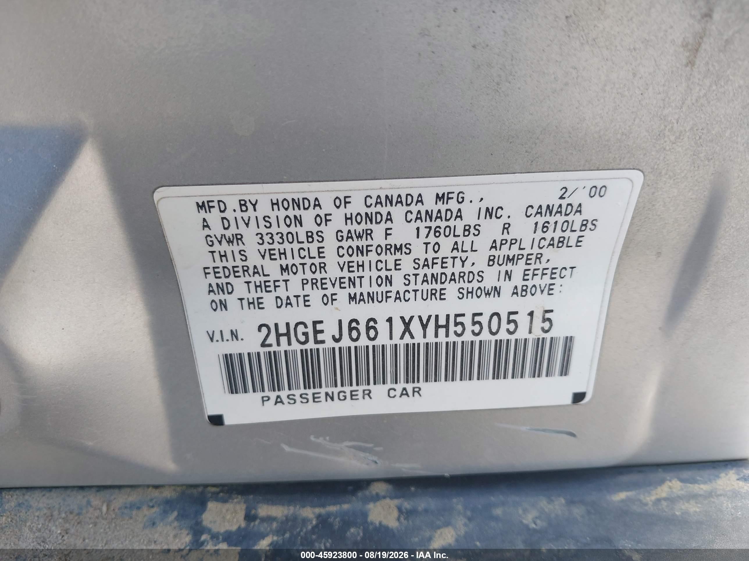2000 Honda Civic Value Package Silver vin: 2HGEJ661XYH550515