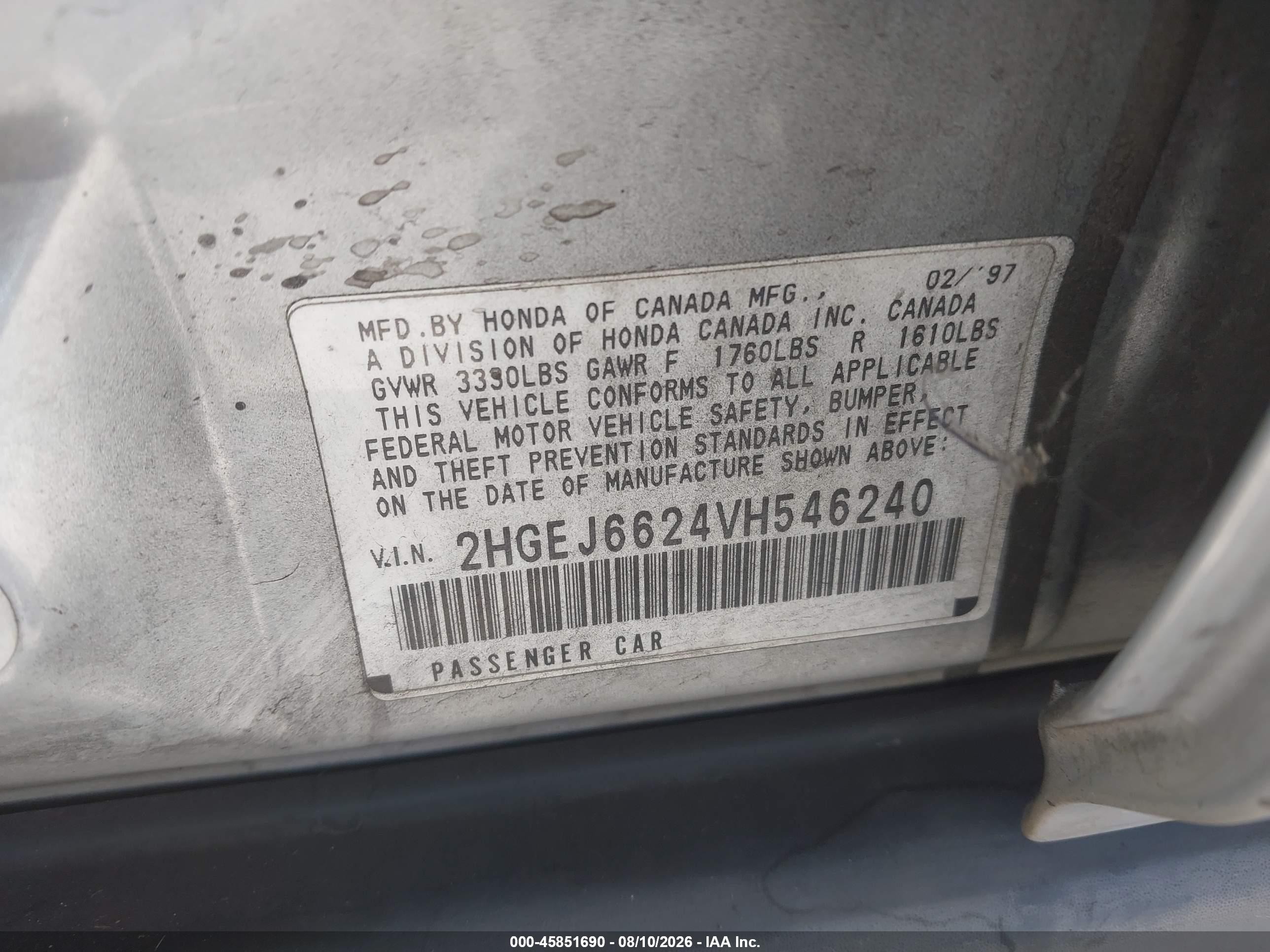 1997 Honda Civic Dx Silver vin: 2HGEJ6624VH546240