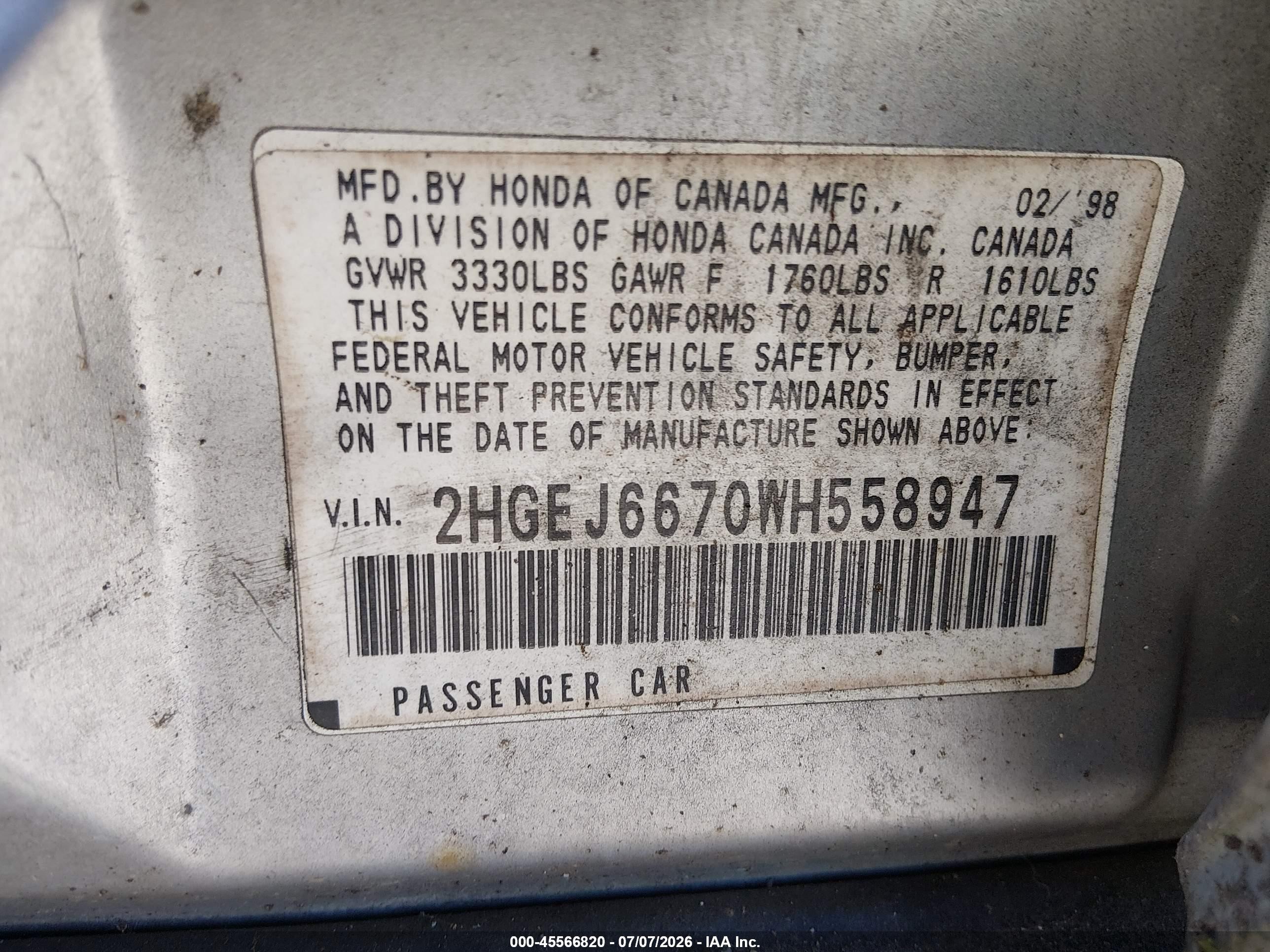 1998 Honda Civic Lx Silver vin: 2HGEJ6670WH558947