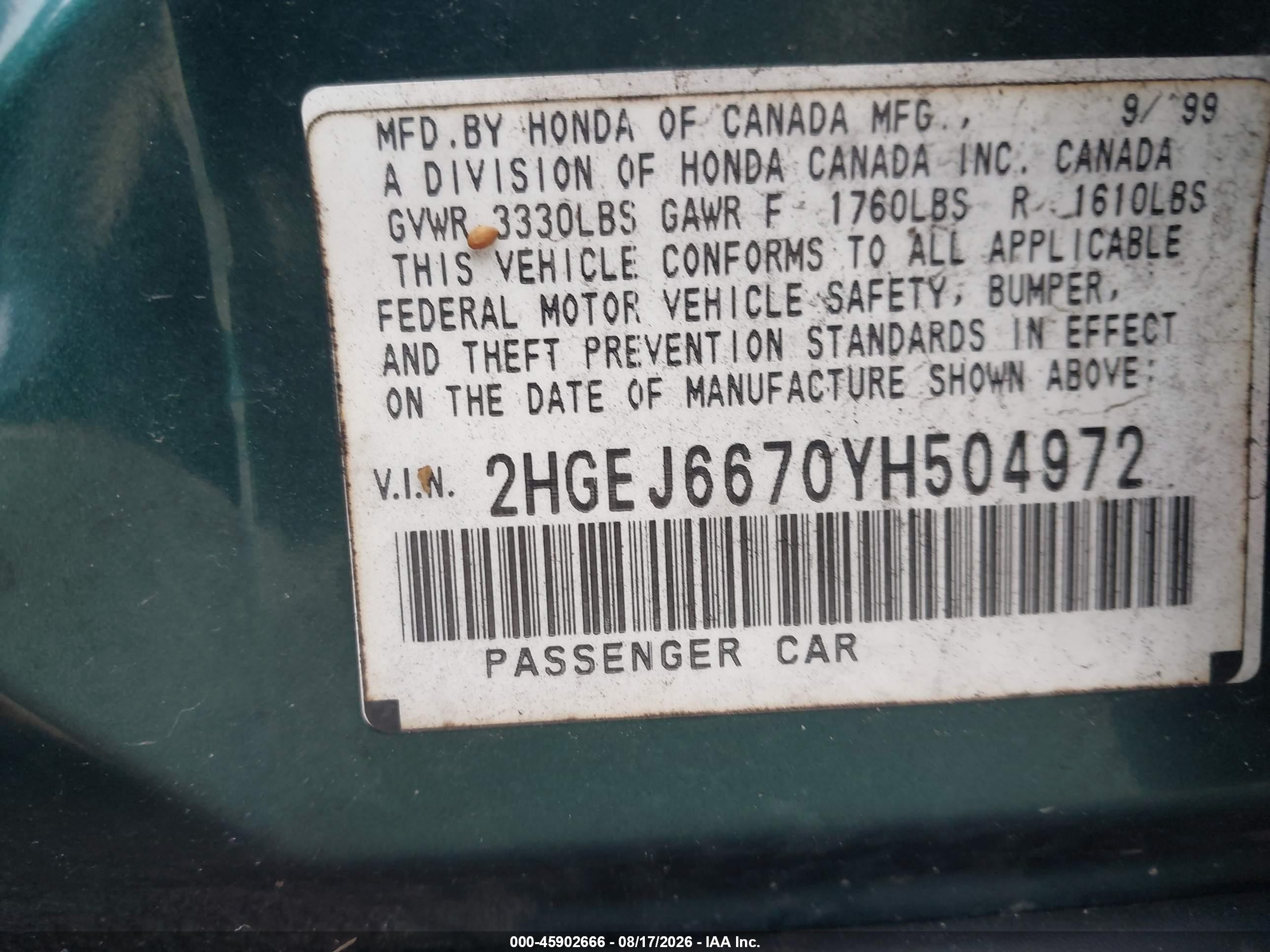 2000 Honda Civic Lx Green vin: 2HGEJ6670YH504972