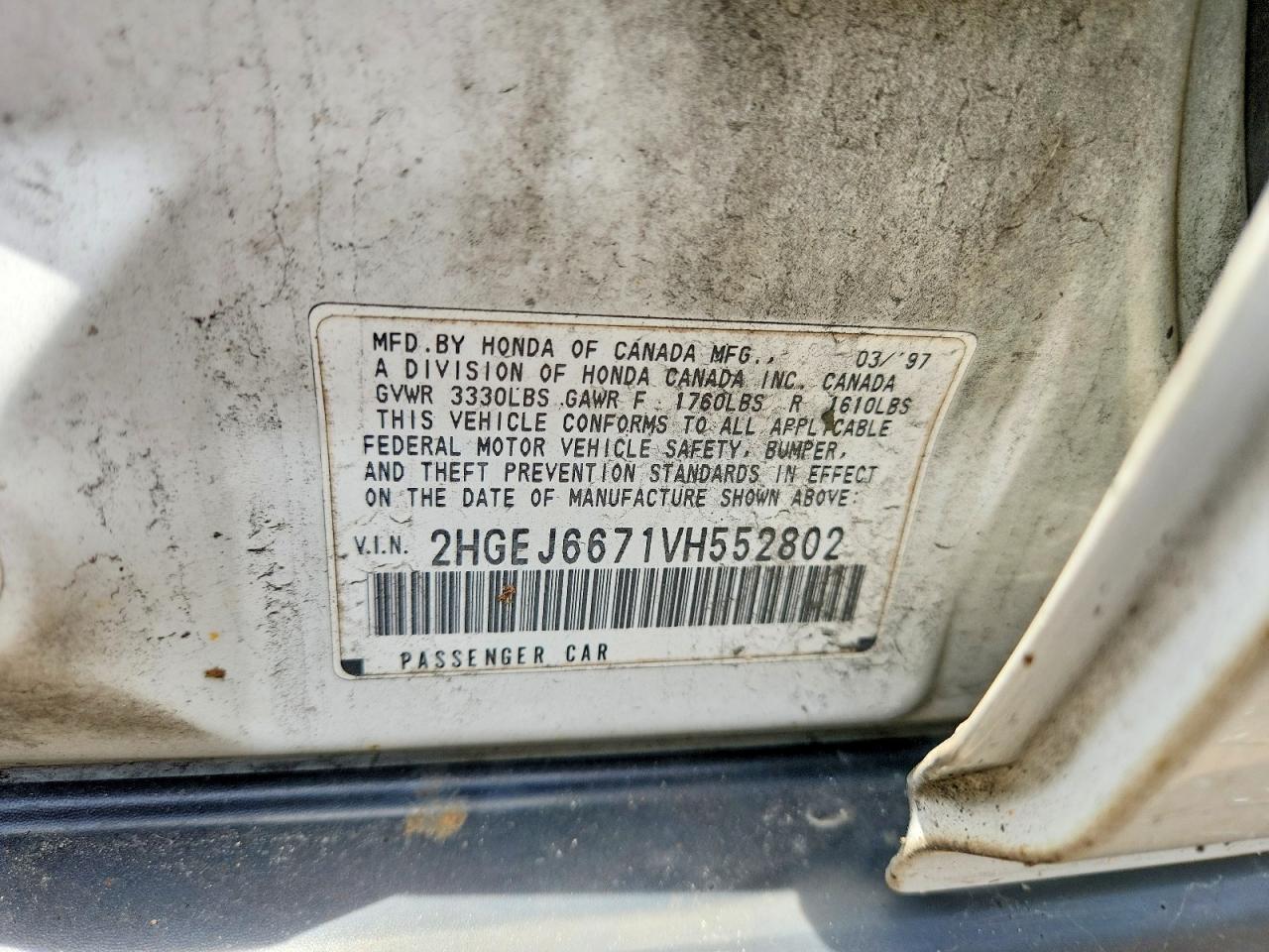 1997 Honda Civic Lx White vin: 2HGEJ6671VH552802