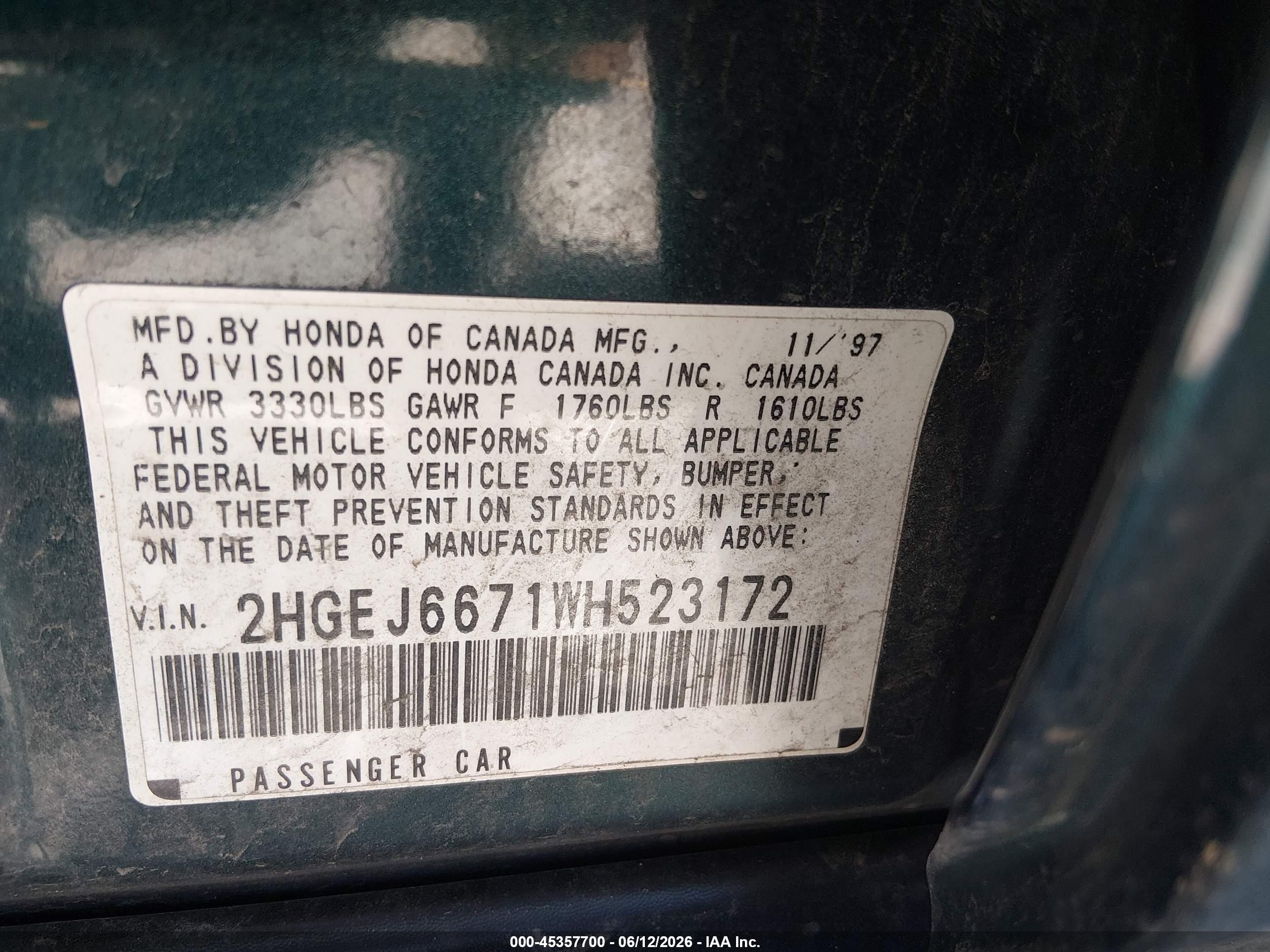 1998 Honda Civic Lx Teal vin: 2HGEJ6671WH523172