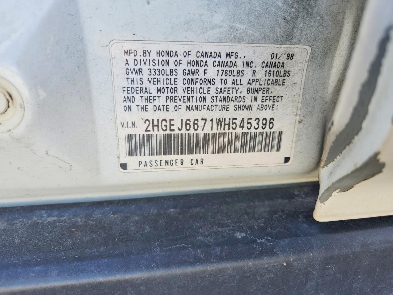 1998 Honda Civic Lx White vin: 2HGEJ6671WH545396