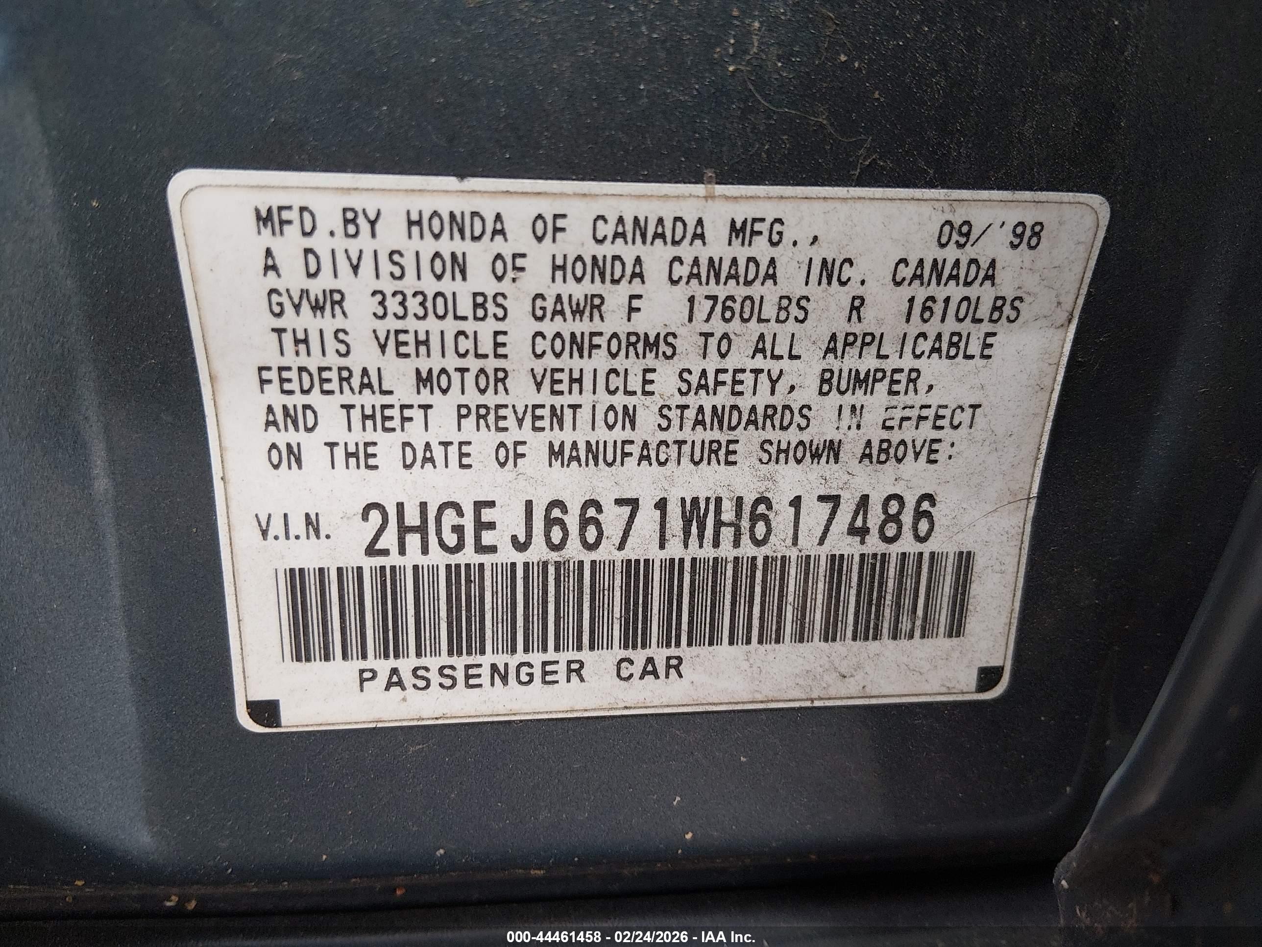 1998 Honda Civic Lx Blue vin: 2HGEJ6671WH617486