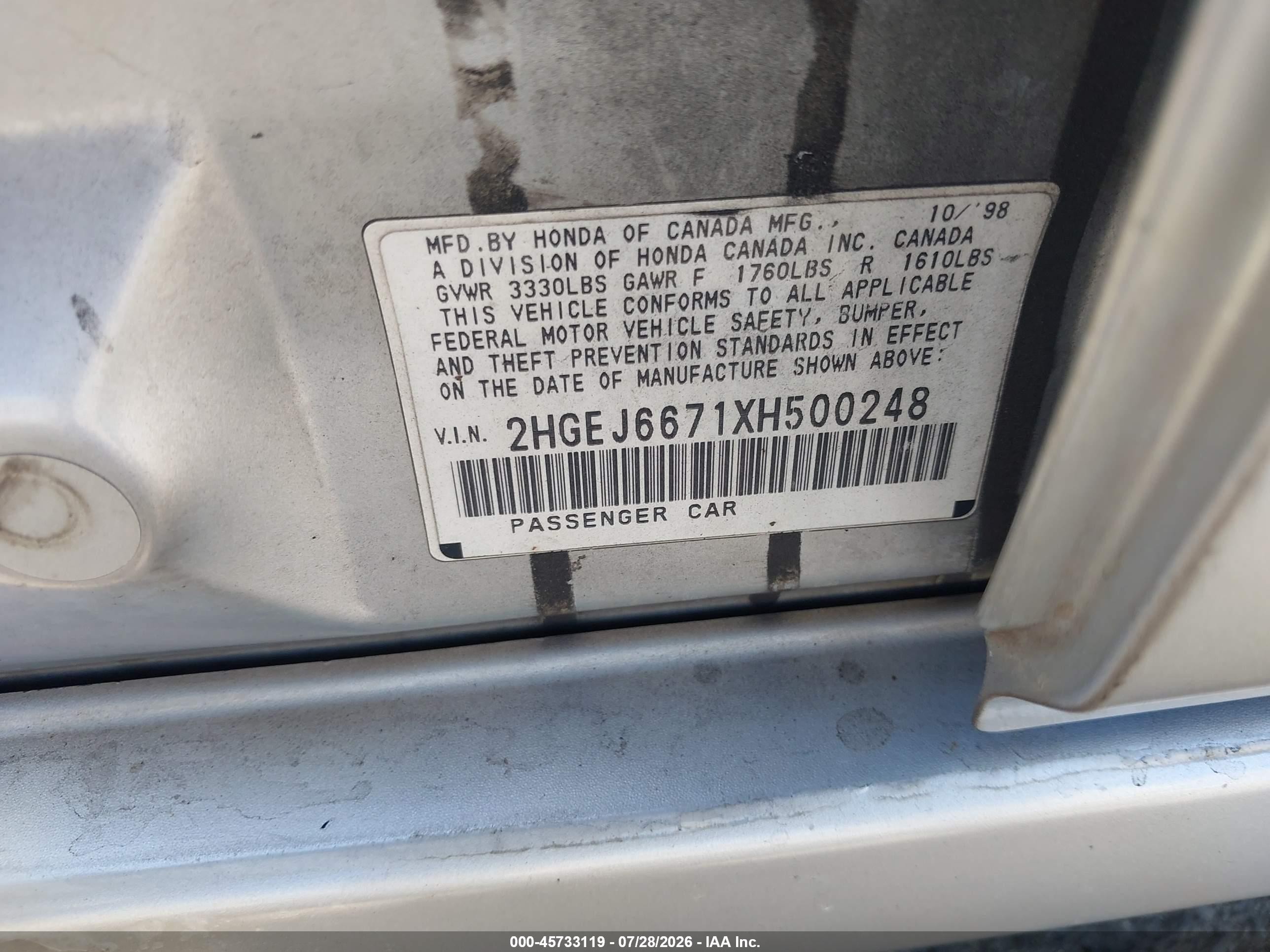 1999 Honda Civic Lx Серебряный vin: 2HGEJ6671XH500248