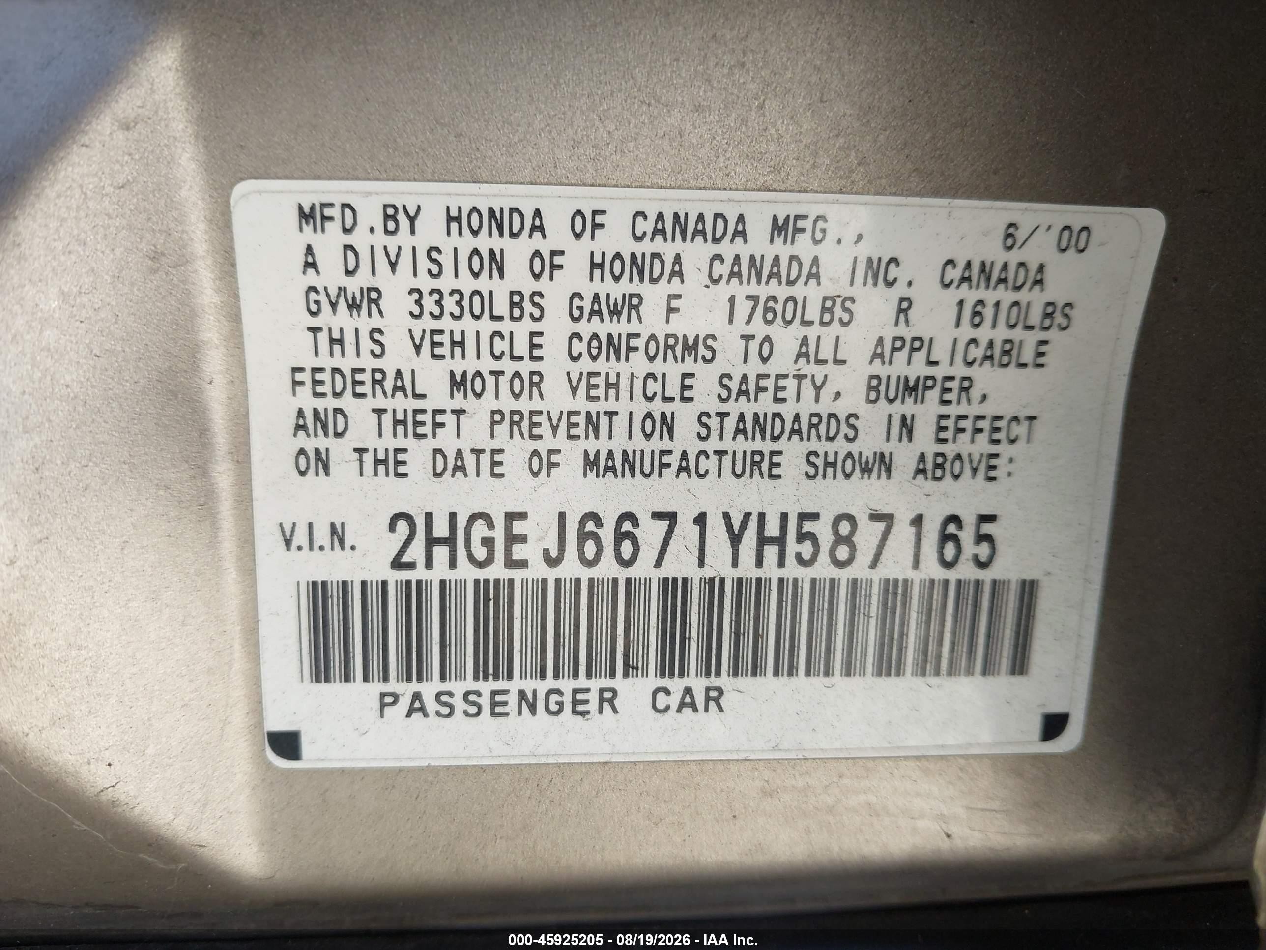 2000 Honda Civic Lx Gold vin: 2HGEJ6671YH587165