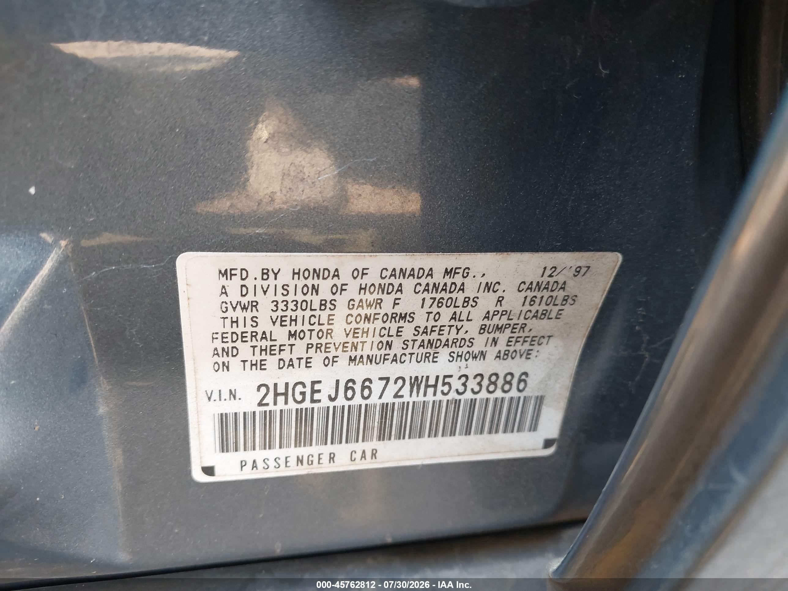 1998 Honda Civic Lx Blue vin: 2HGEJ6672WH533886
