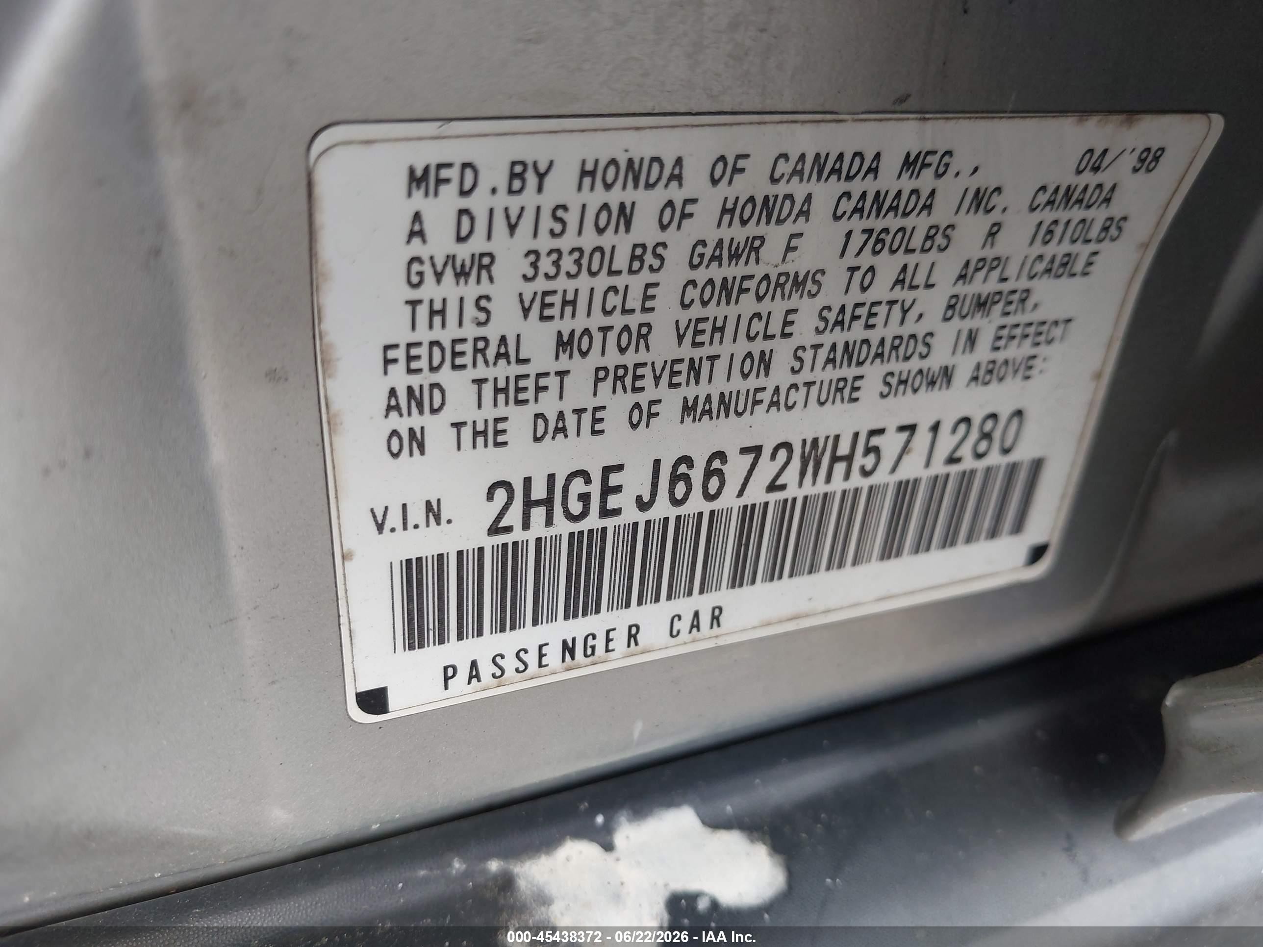 1998 Honda Civic Lx Silver vin: 2HGEJ6672WH571280