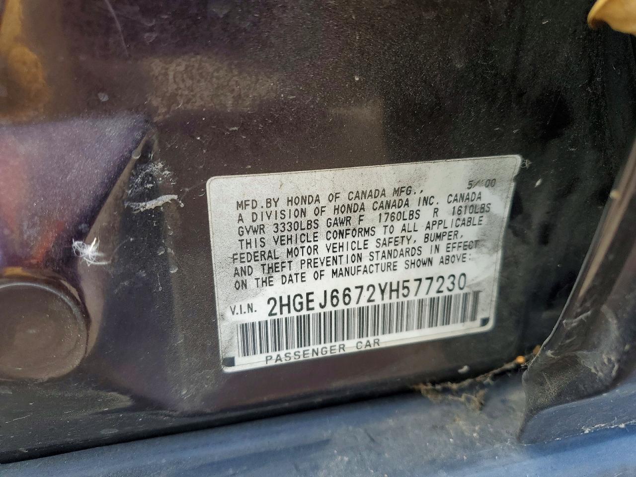 2000 Honda Civic Lx Purple vin: 2HGEJ6672YH577230