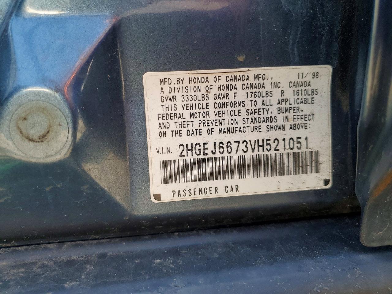 1997 Honda Civic Lx Blue vin: 2HGEJ6673VH521051