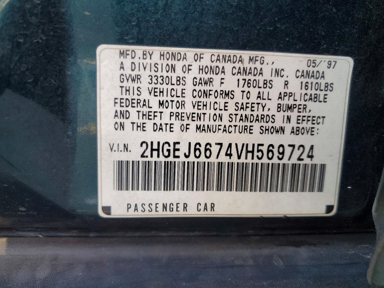 1997 Honda Civic Lx Green vin: 2HGEJ6674VH569724